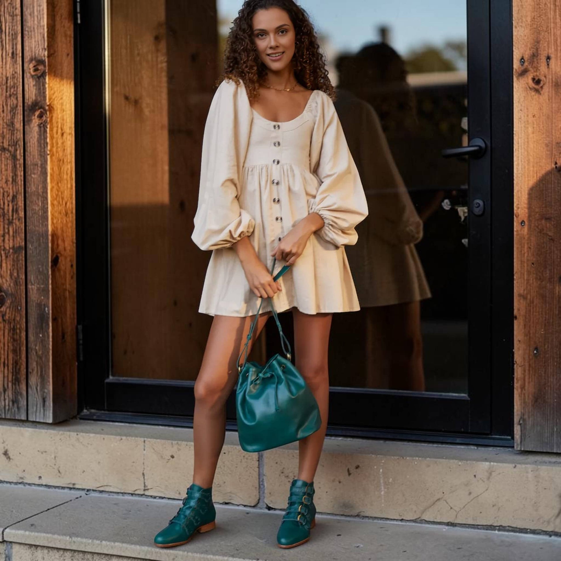 Puff Sleeve Linen Mini Dress, Scoop Neck Button Front