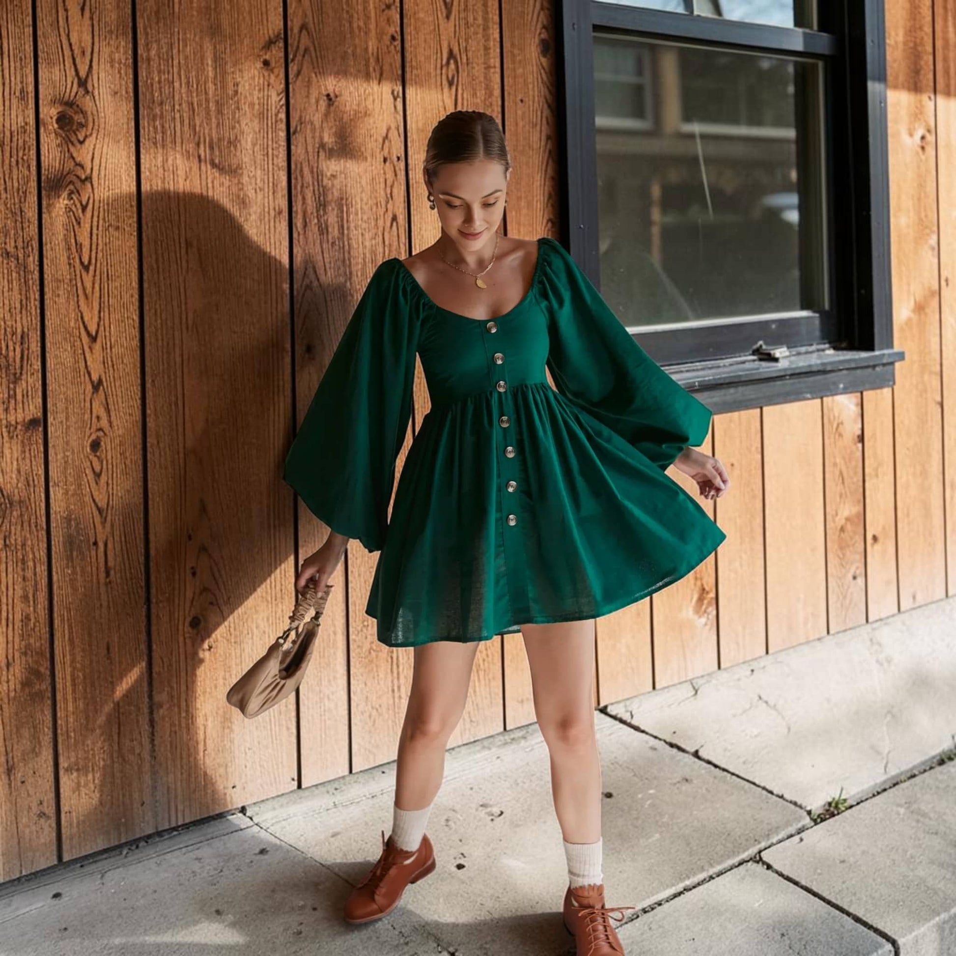 Puff Sleeve Linen Mini Dress, Scoop Neck Button Front