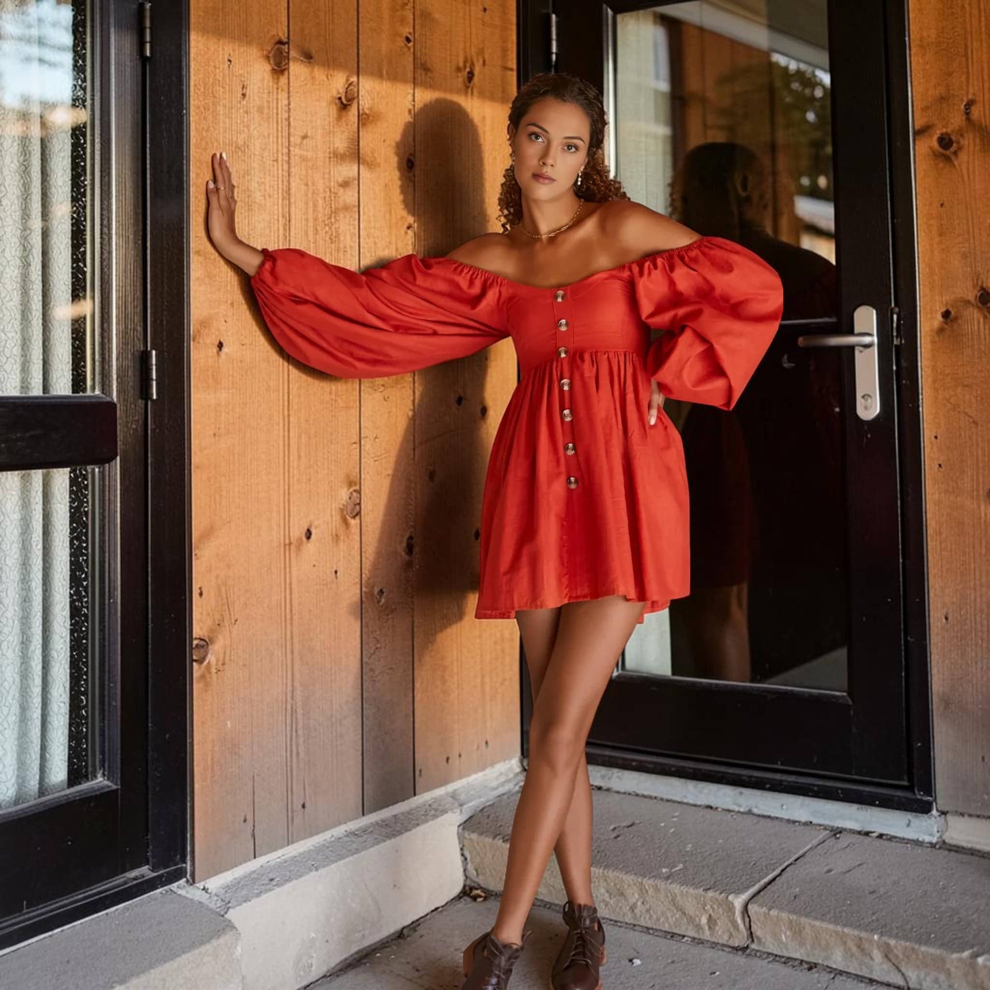 Puff Sleeve Linen Mini Dress, Scoop Neck Button Front