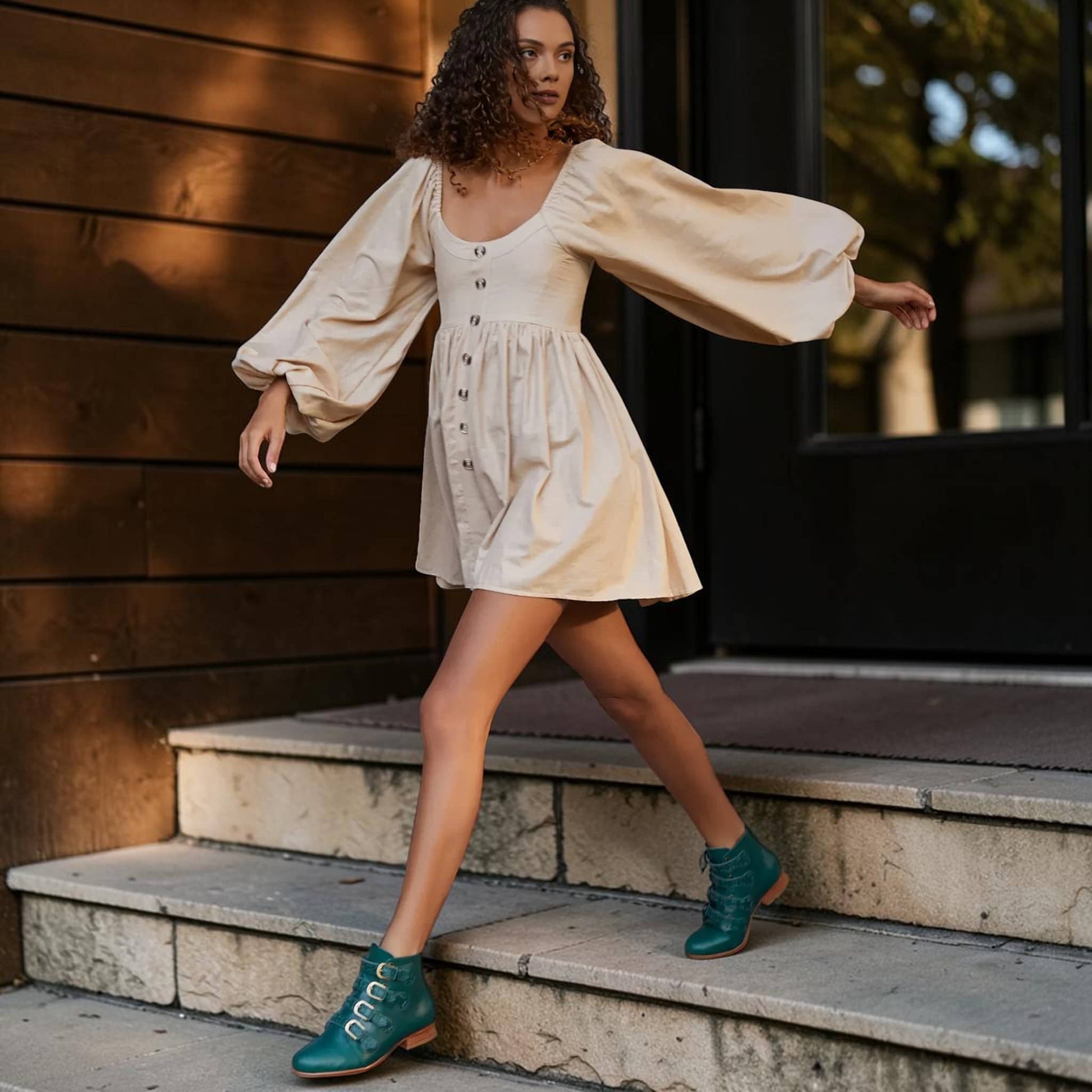 Puff Sleeve Linen Mini Dress, Scoop Neck Button Front