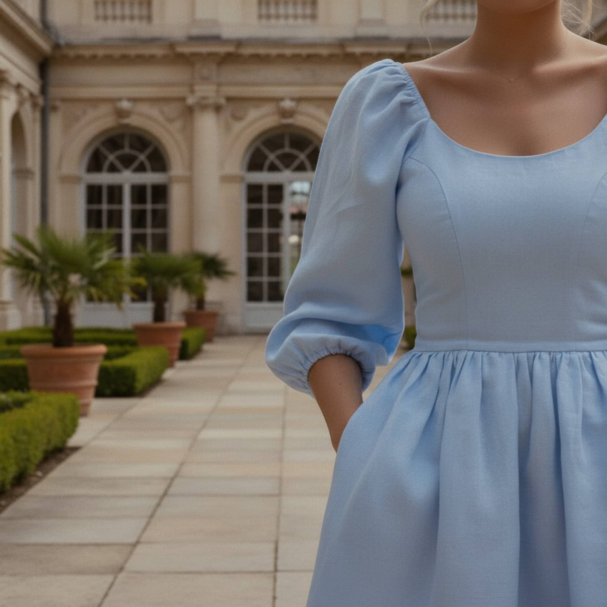 Puff Sleeve Linen Mini Dress, Scoop Neck Mini Dress