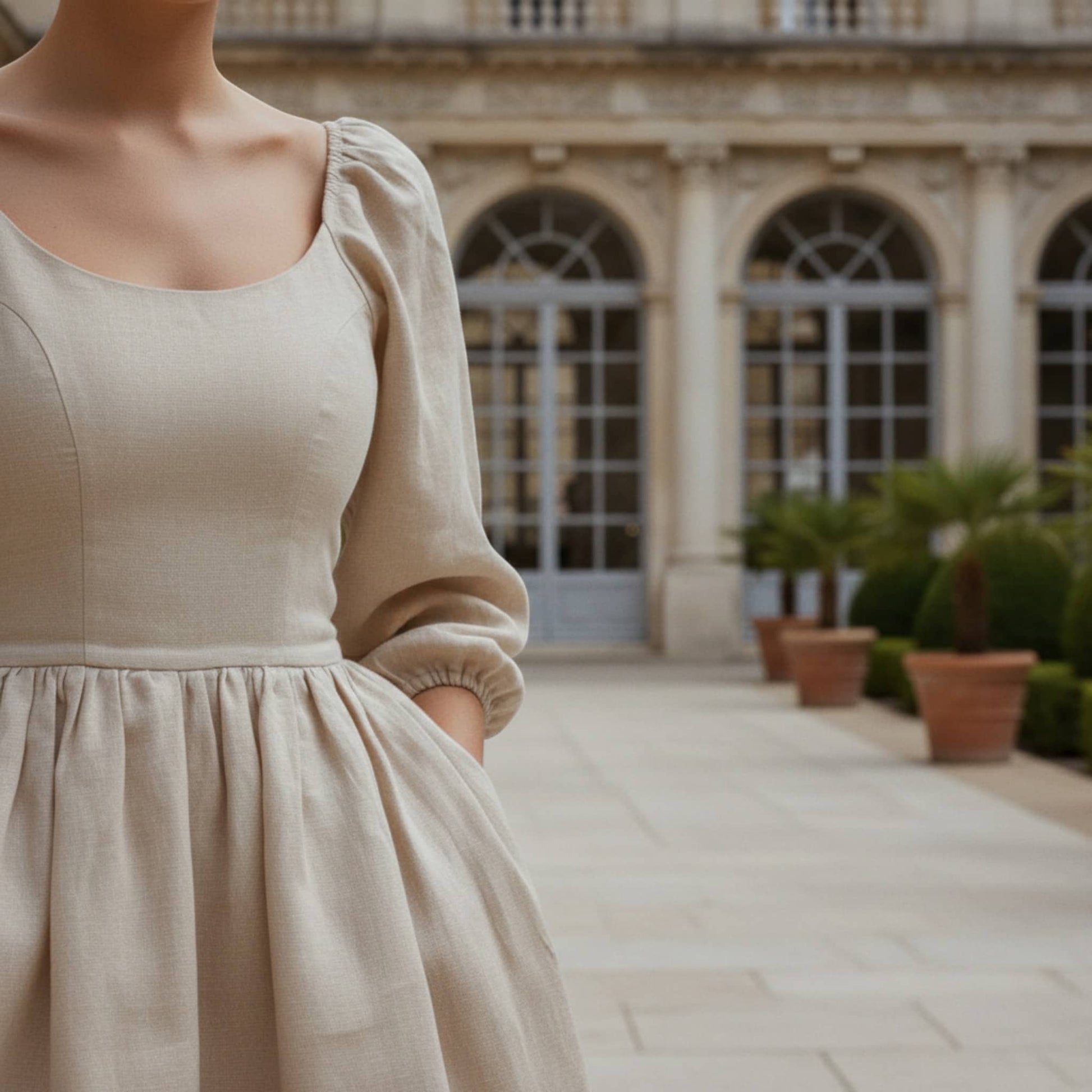 Puff Sleeve Linen Mini Dress, Scoop Neck Mini Dress