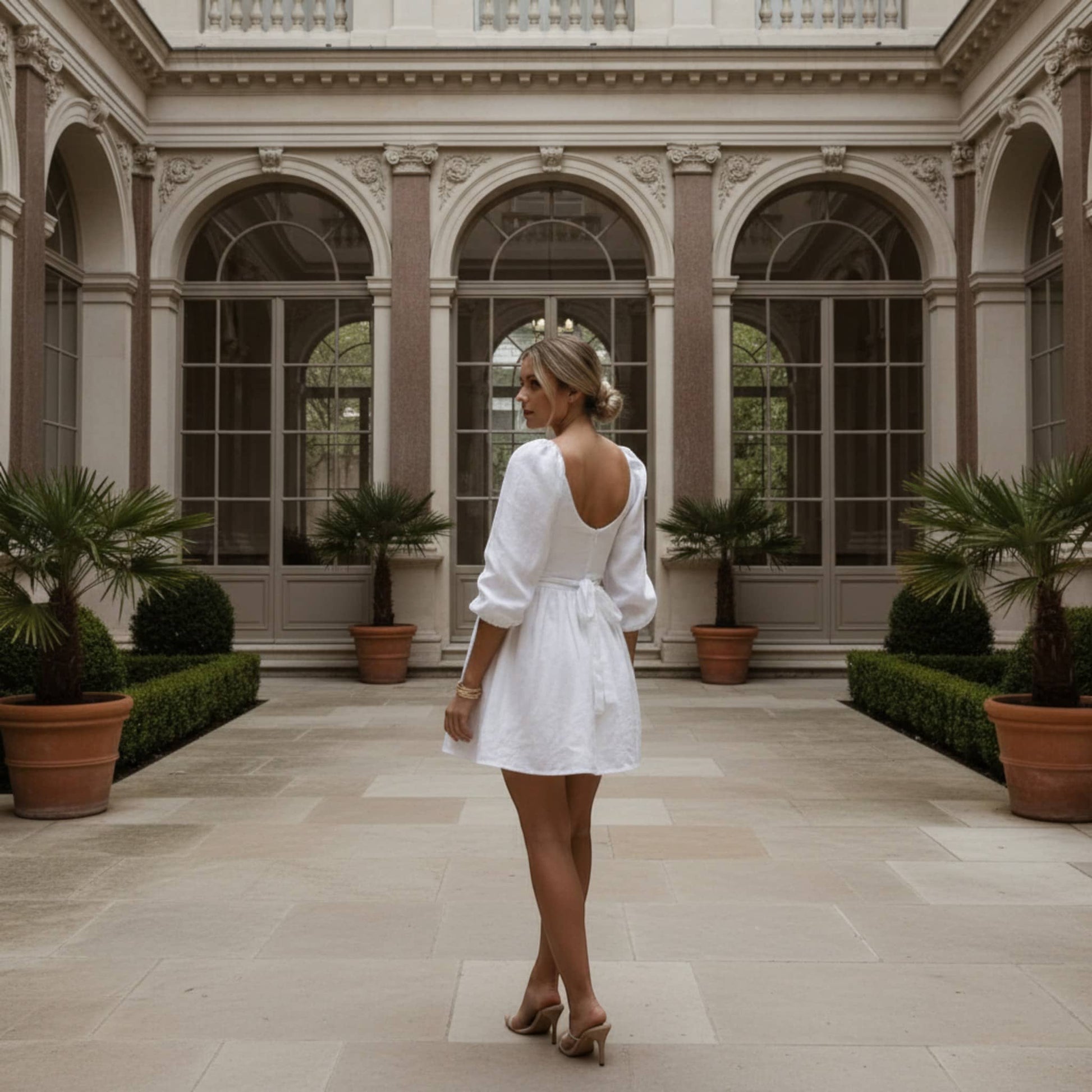 Puff Sleeve Linen Mini Dress, Scoop Neck Mini Dress