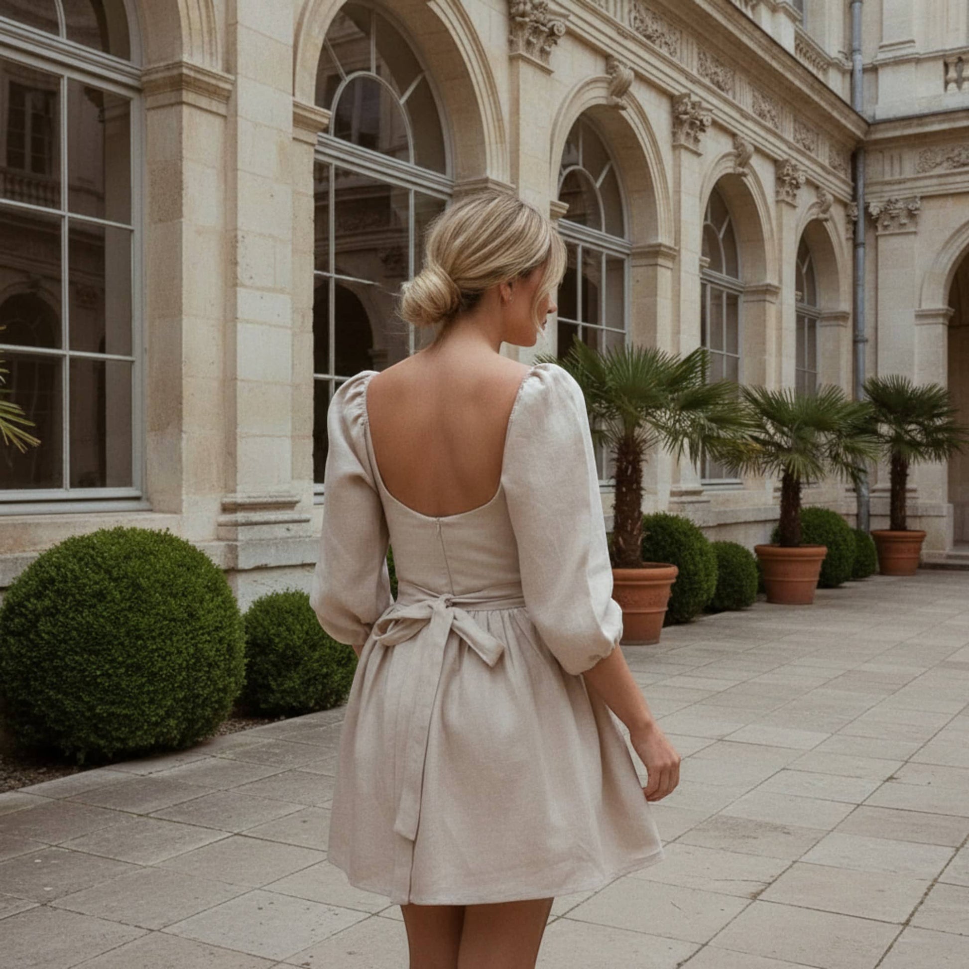 Puff Sleeve Linen Mini Dress, Scoop Neck Mini Dress