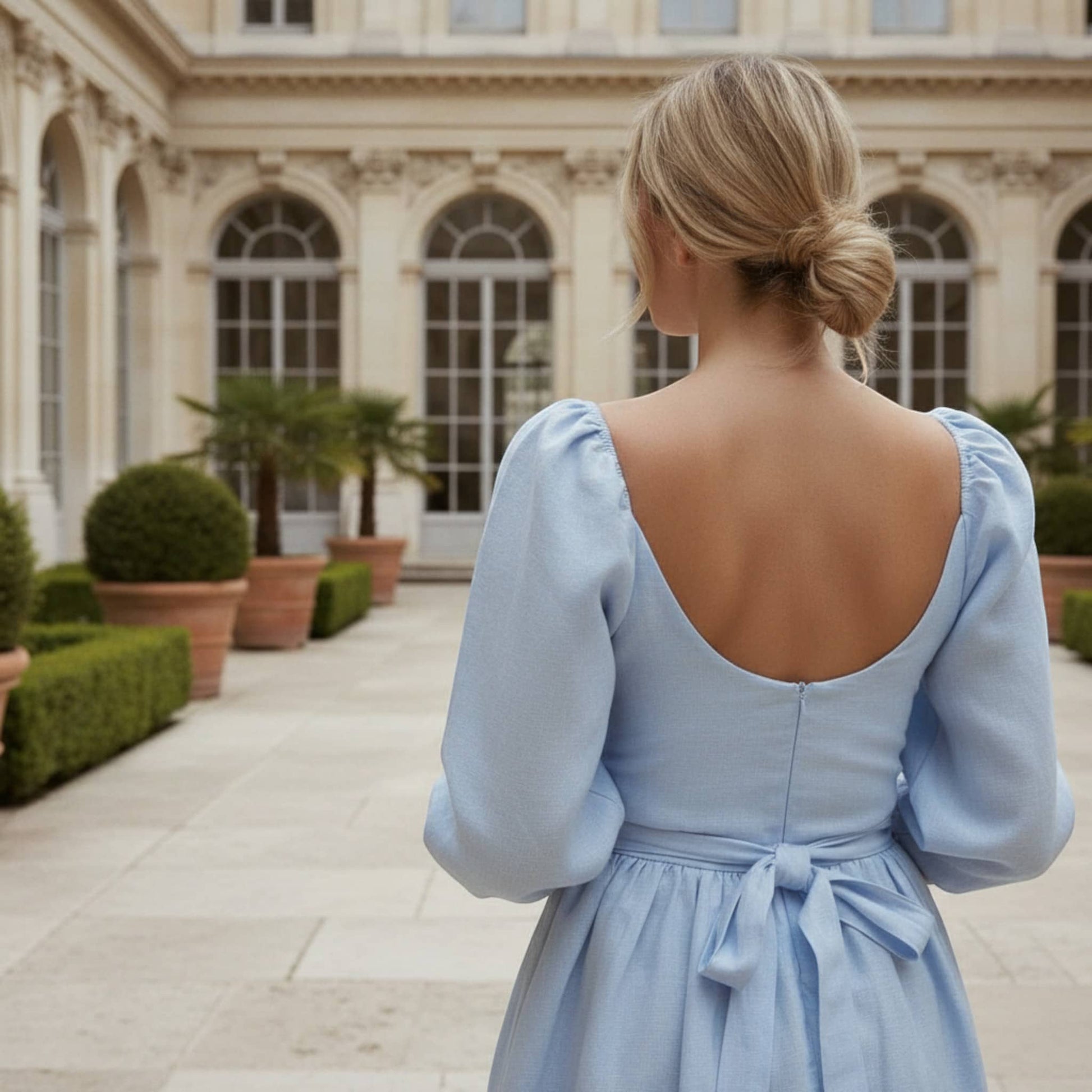 Puff Sleeve Linen Mini Dress, Scoop Neck Mini Dress