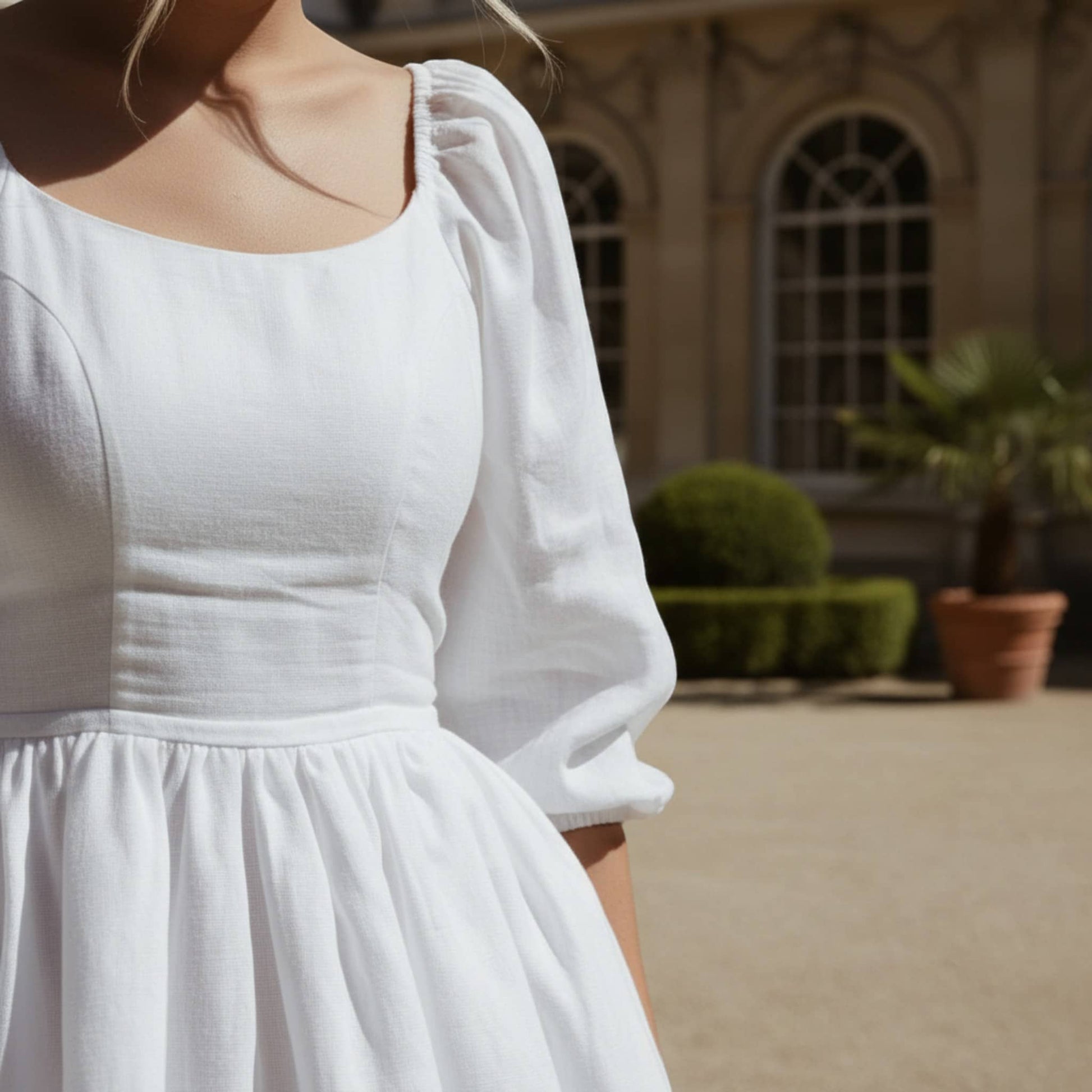 Puff Sleeve Linen Mini Dress, Scoop Neck Mini Dress