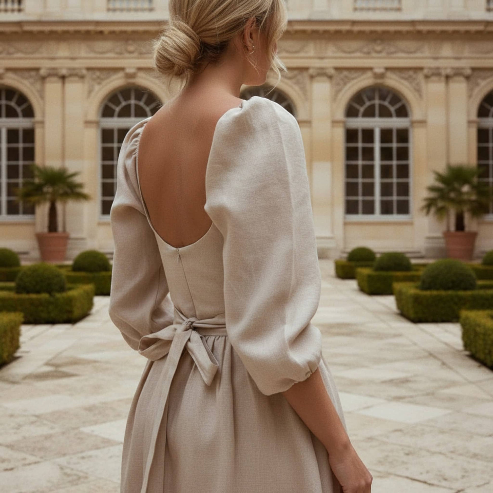 Puff Sleeve Linen Mini Dress, Scoop Neck Mini Dress