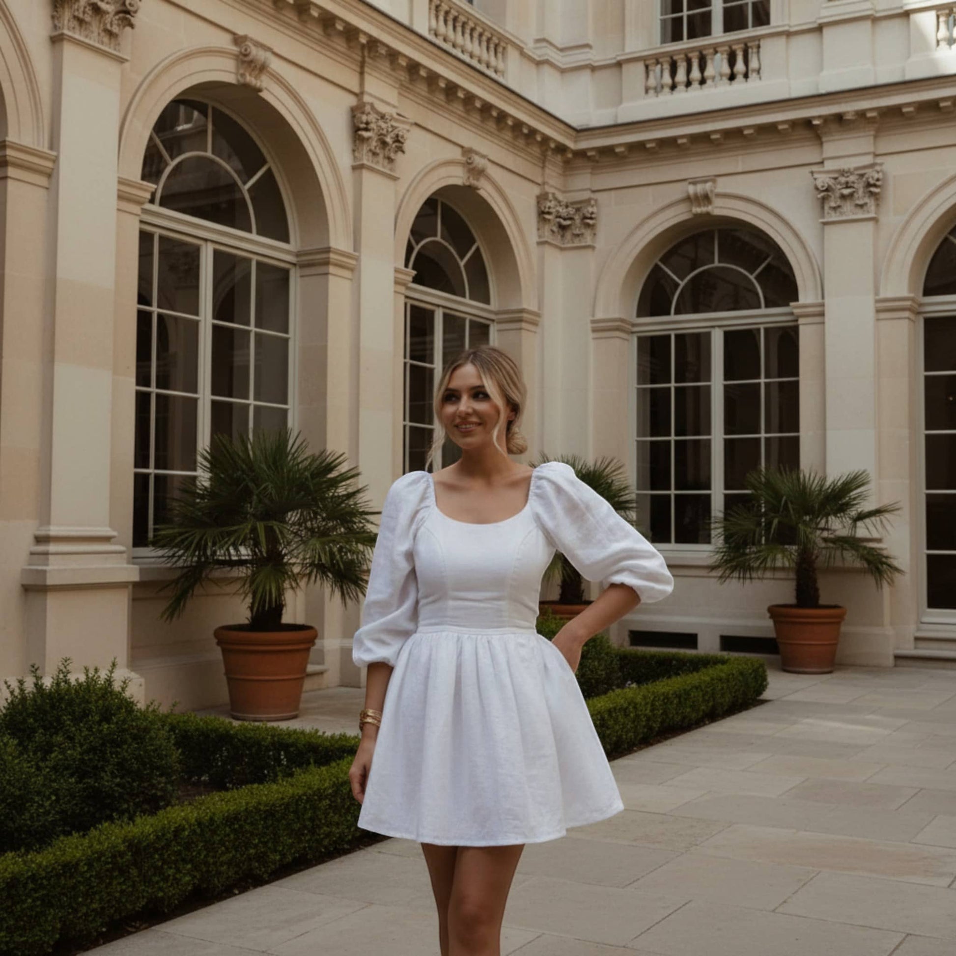 Puff Sleeve Linen Mini Dress, Scoop Neck Mini Dress