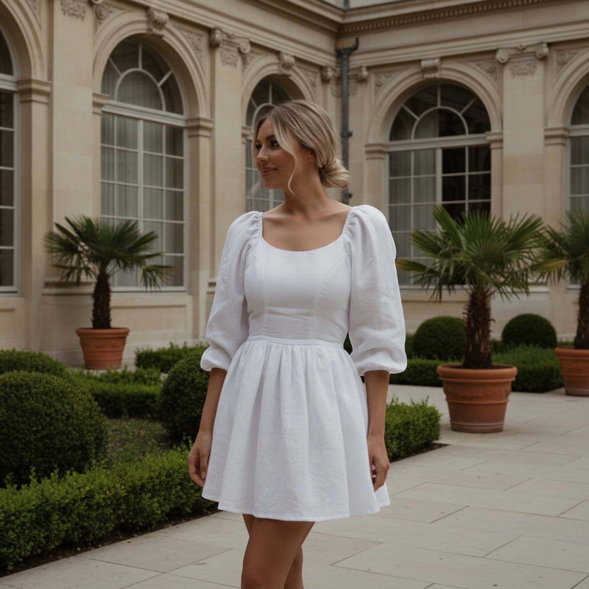 Puff Sleeve Linen Mini Dress, Scoop Neck Mini Dress