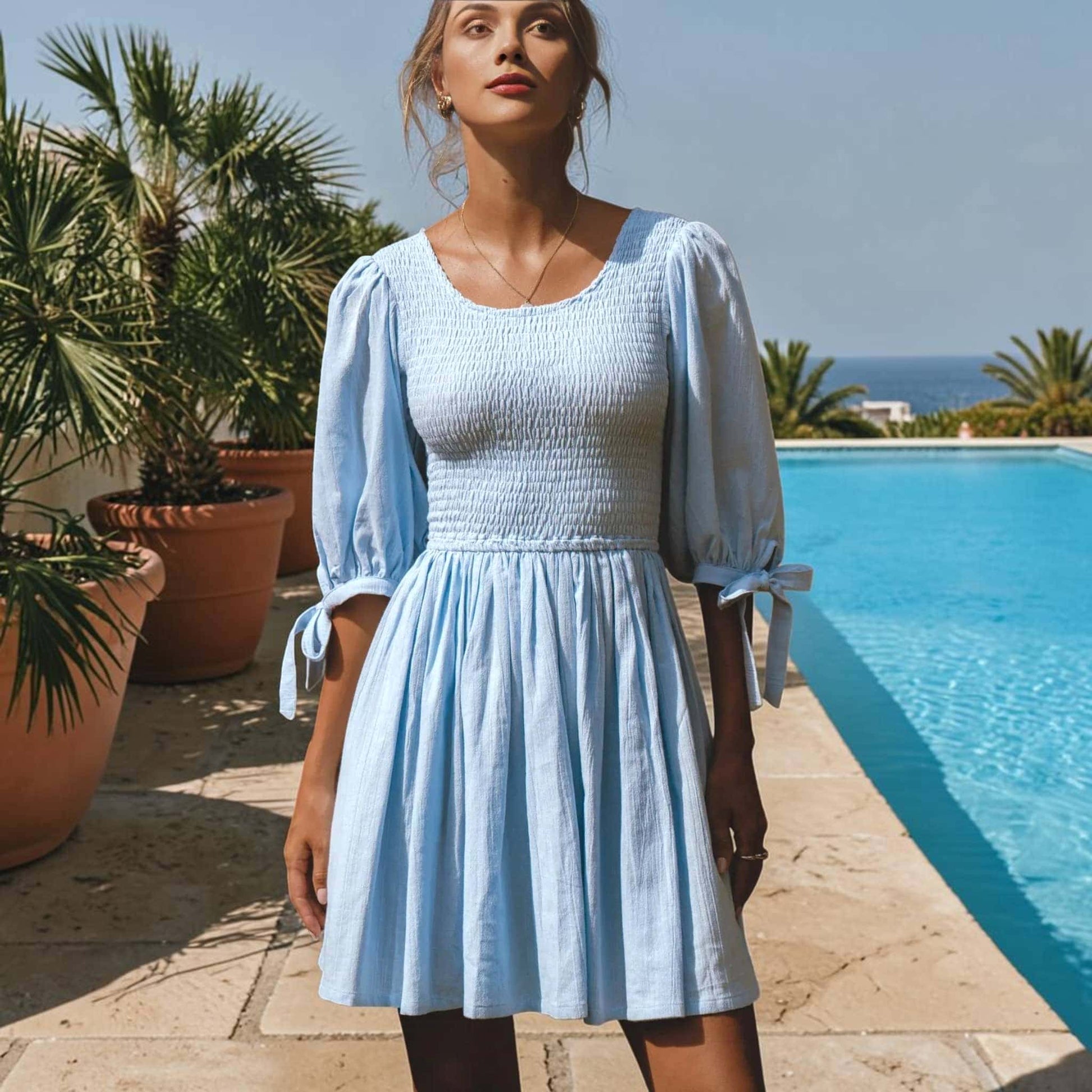 Puff Sleeve Linen Mini Dress, Smocked Bodice