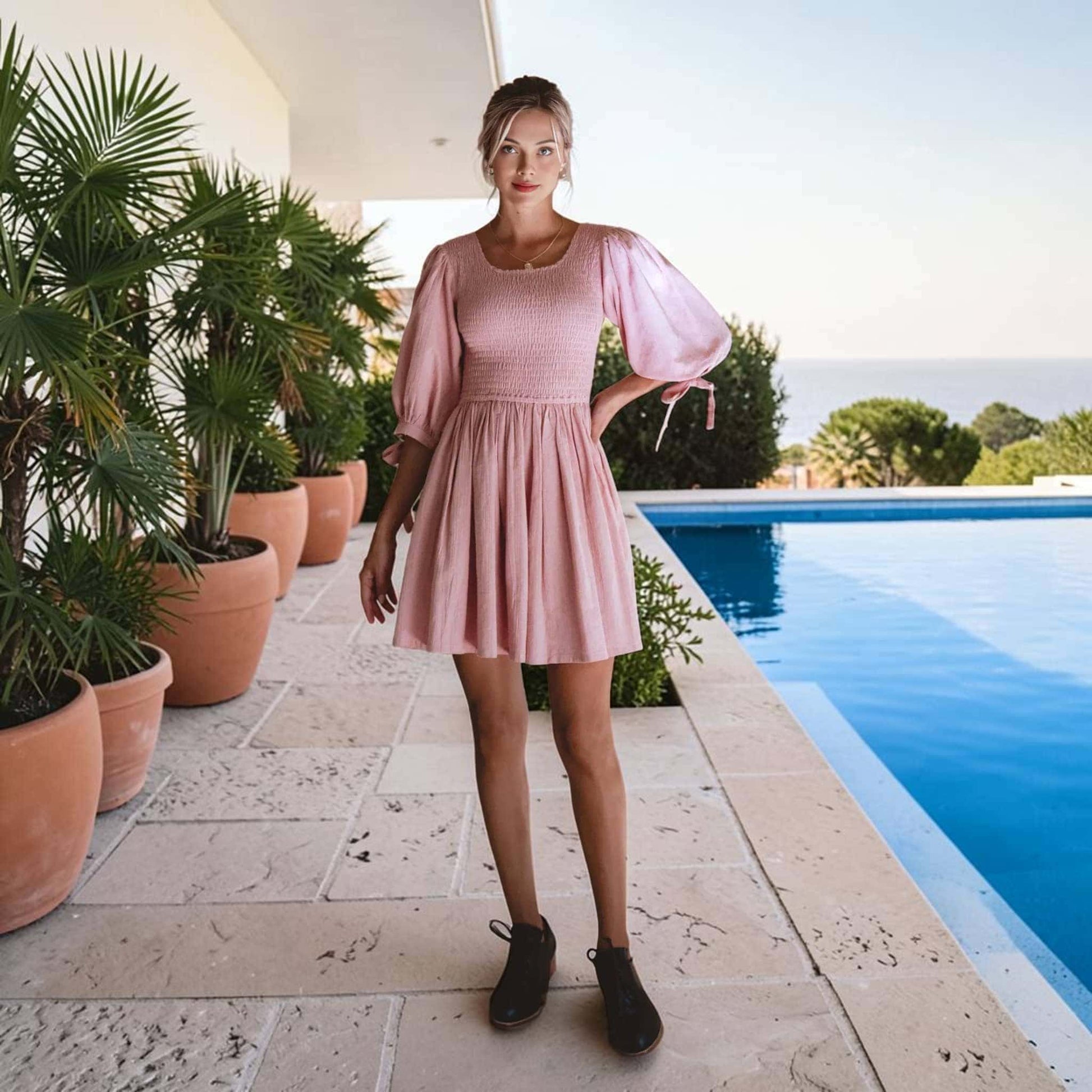 Puff Sleeve Linen Mini Dress, Smocked Bodice