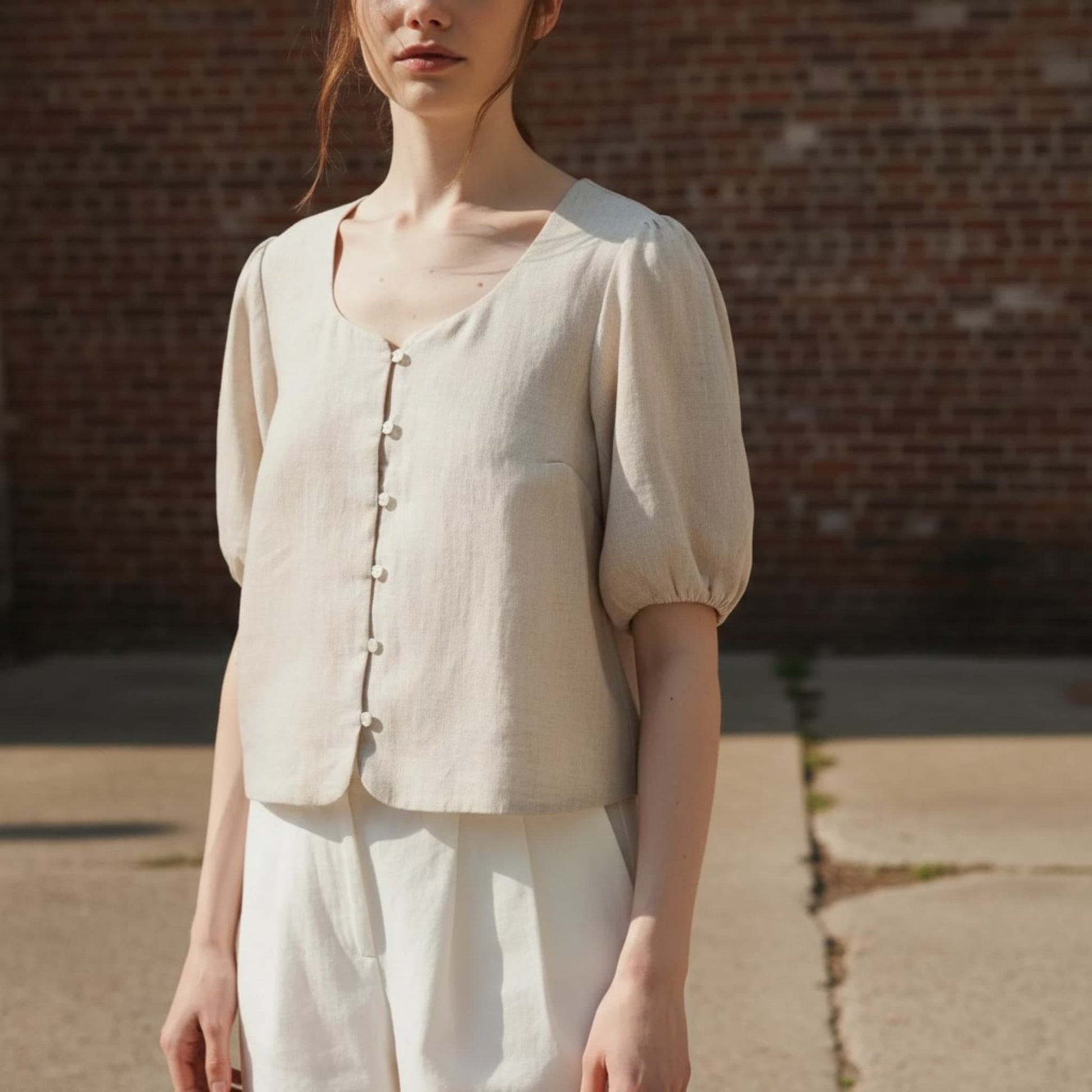 Puff Sleeve Linen Top, Button Front Linen Top