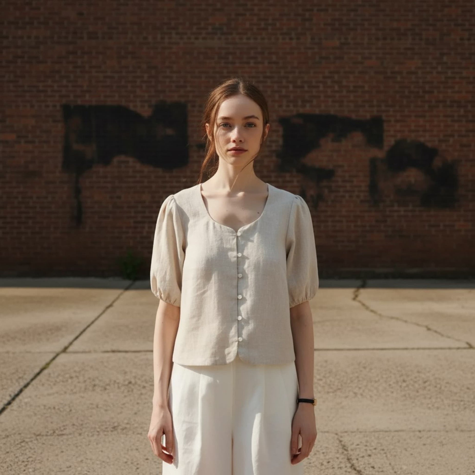 Puff Sleeve Linen Top, Button Front Linen Top