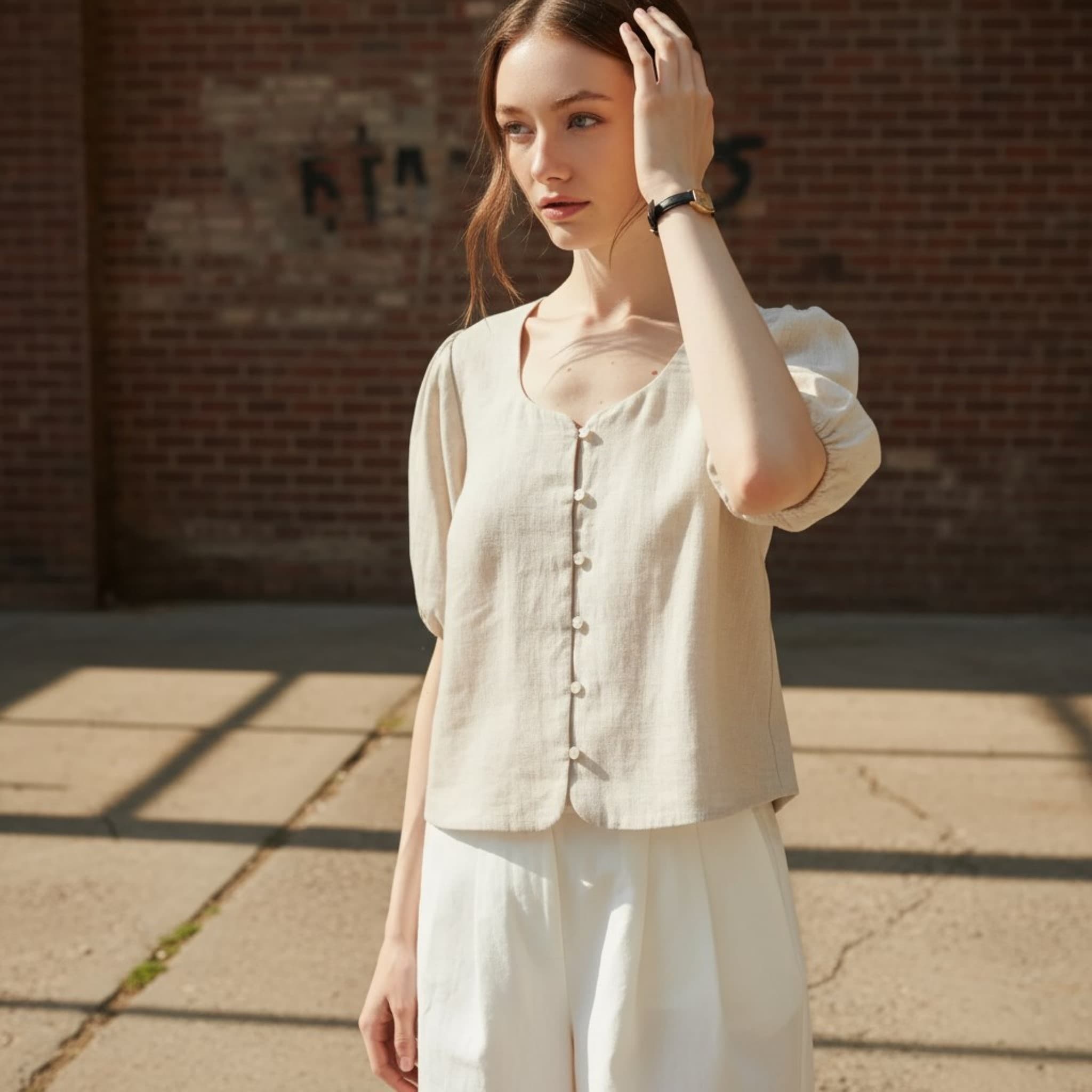 Puff Sleeve Linen Top, Button Front Linen Top