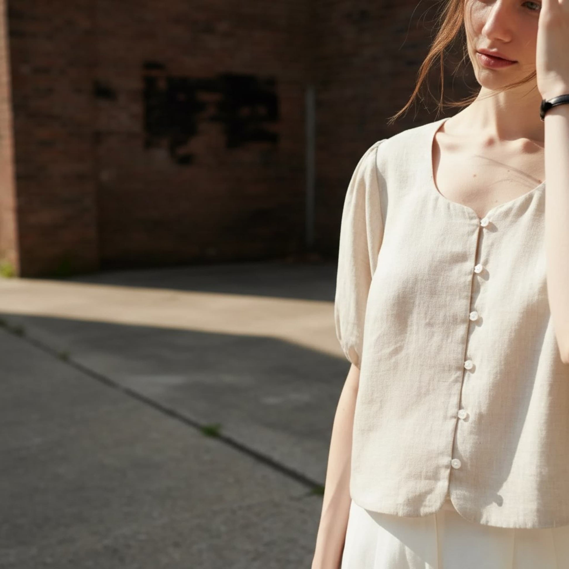Puff Sleeve Linen Top, Button Front Linen Top