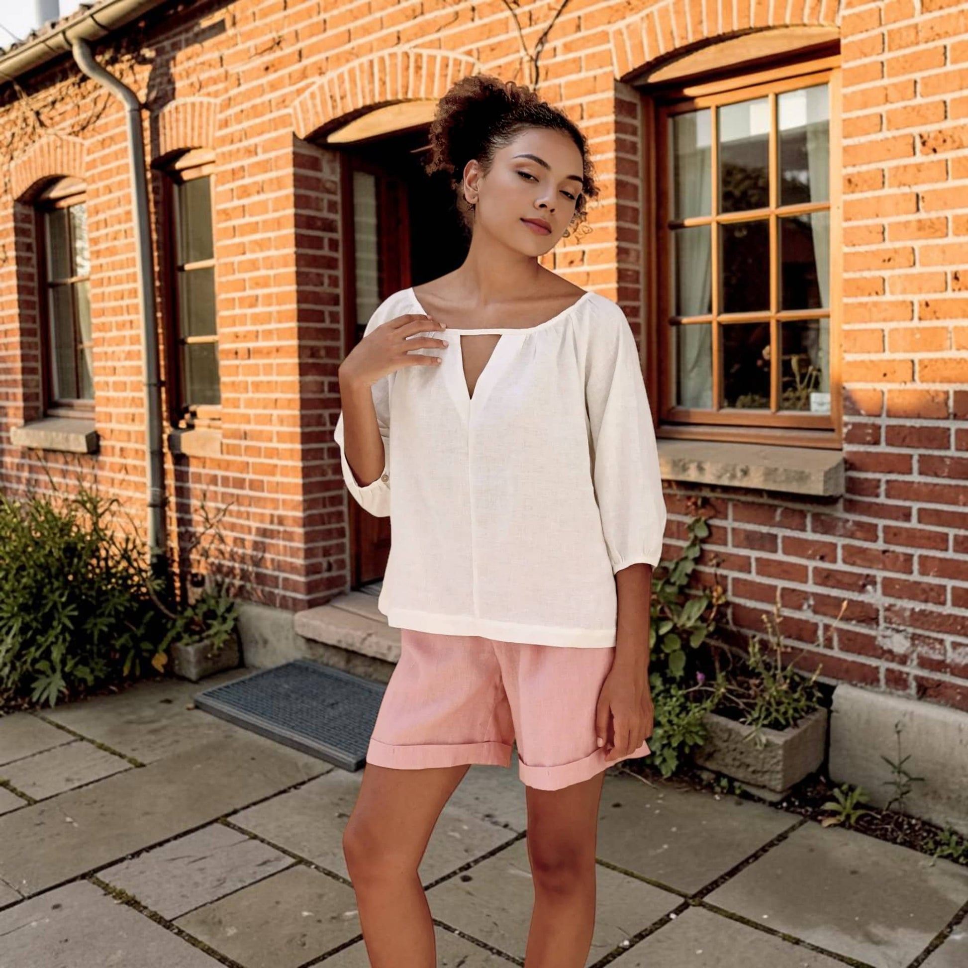 Puff Sleeve Linen Top, Gathered Neck Keyhole