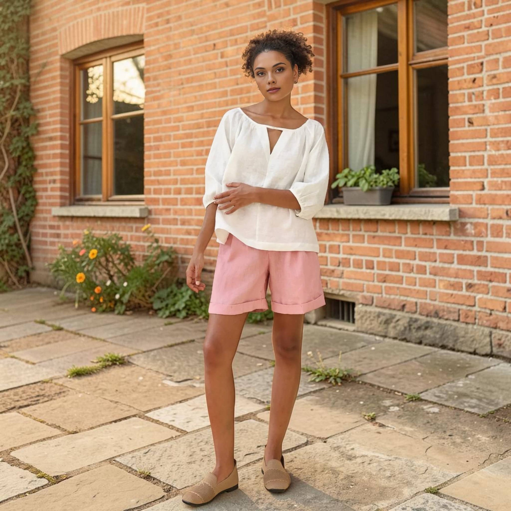Puff Sleeve Linen Top, Gathered Neck Keyhole