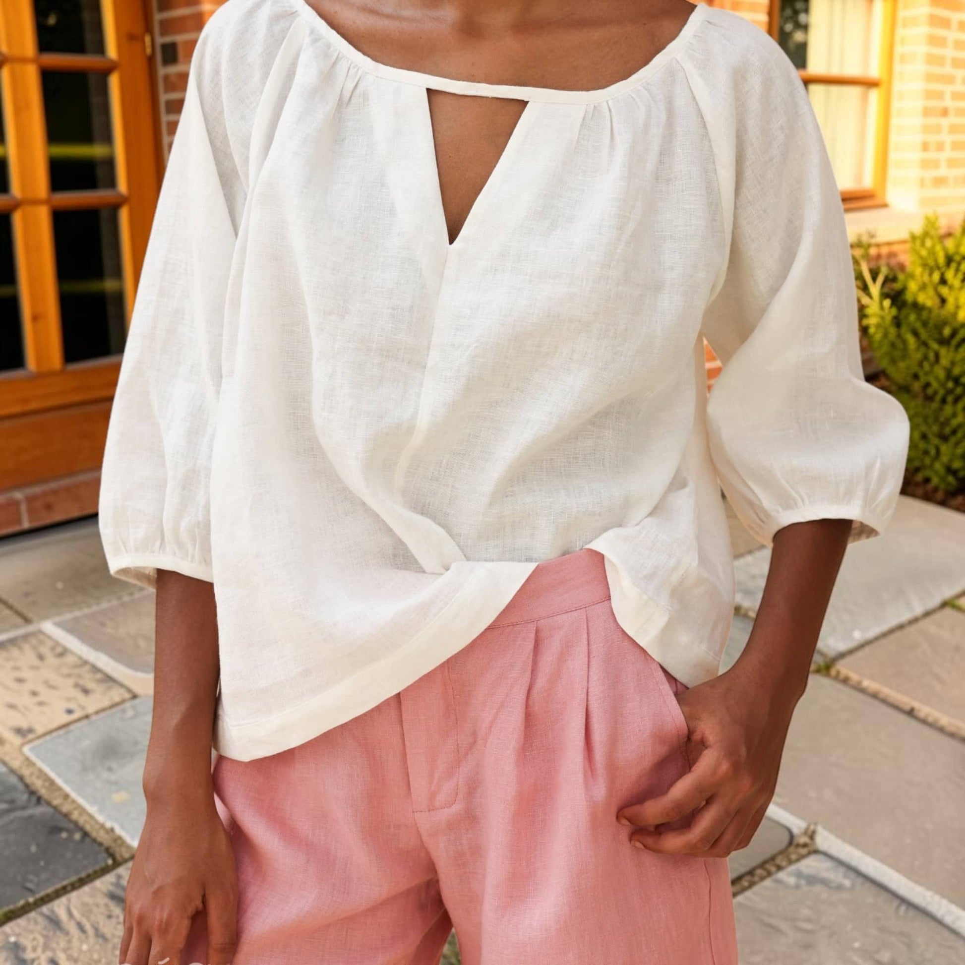 Puff Sleeve Linen Top, Gathered Neck Keyhole