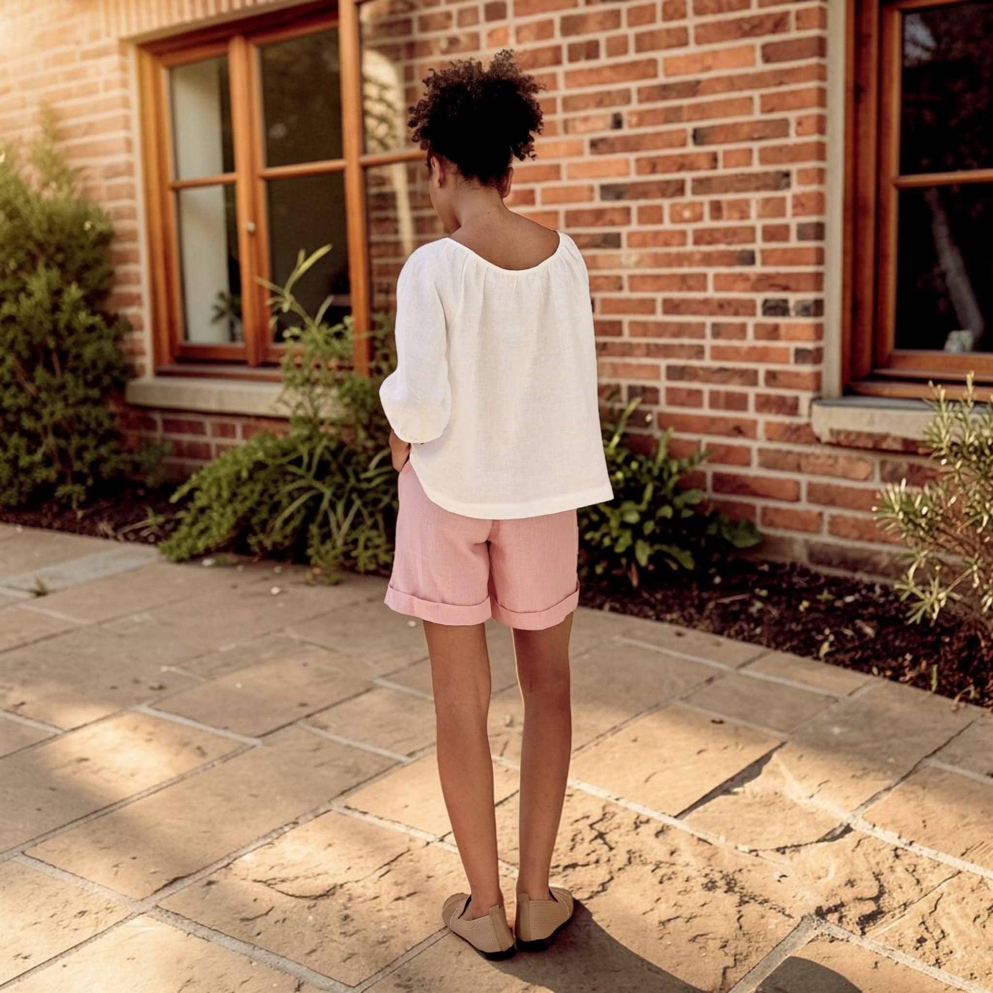 Puff Sleeve Linen Top, Gathered Neck Keyhole