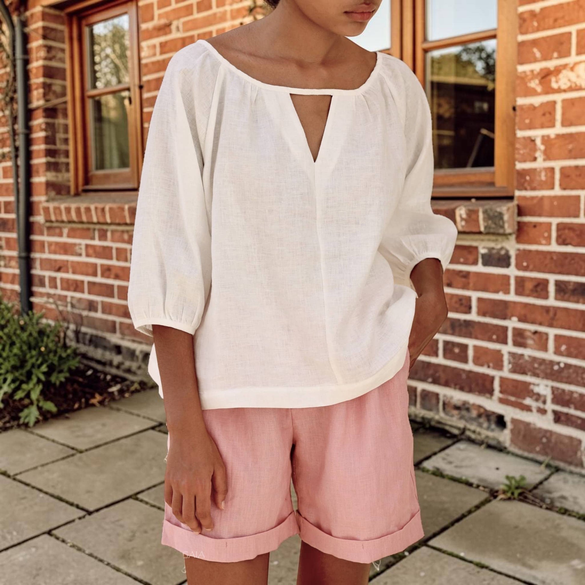 Puff Sleeve Linen Top, Gathered Neck Keyhole