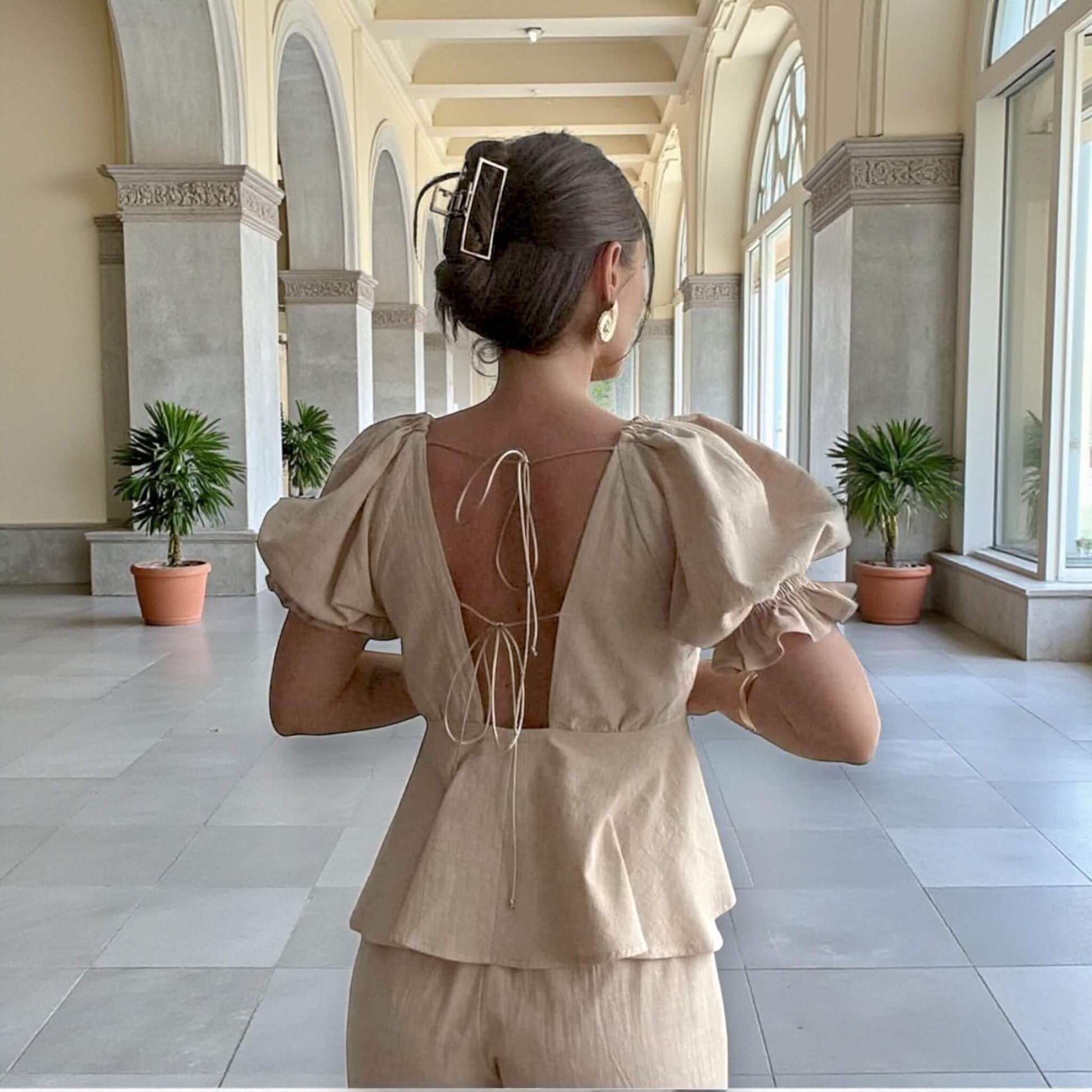 Puff Sleeve Linen Top, V Neck Open Back Peplum Blouse