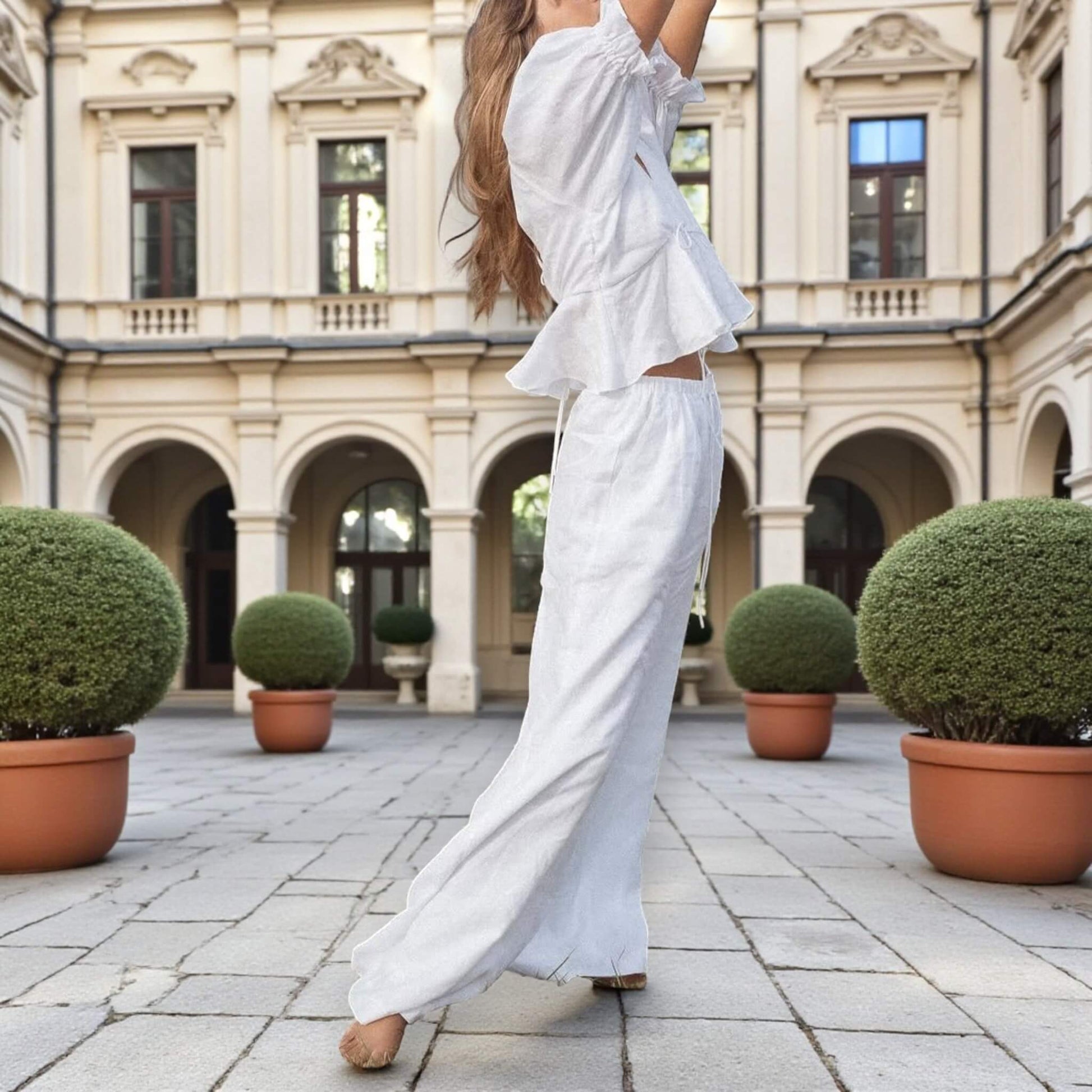 Puff Sleeve Linen Top, V Neck Open Back Peplum Blouse