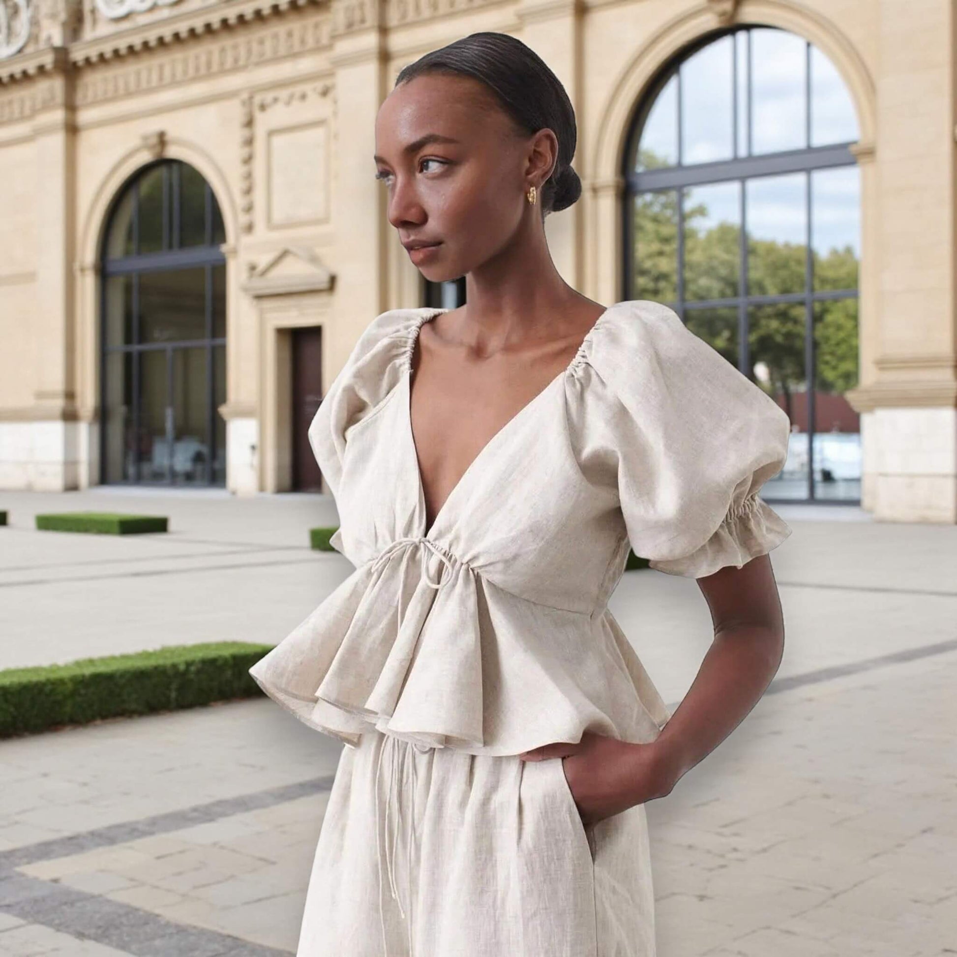 Puff Sleeve Linen Top, V Neck Open Back Peplum Blouse