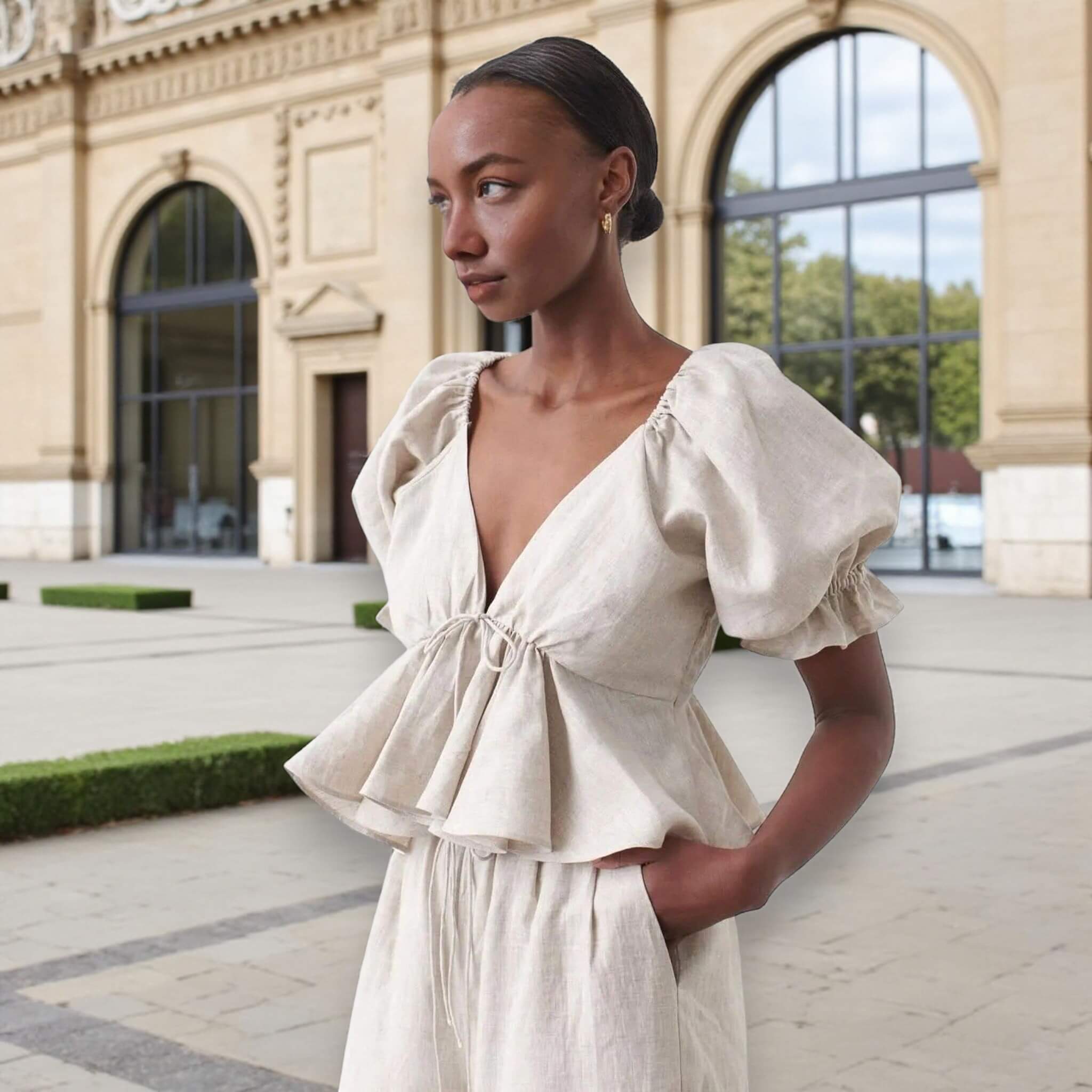Puff Sleeve Linen Top, V Neck Open Back Peplum Blouse