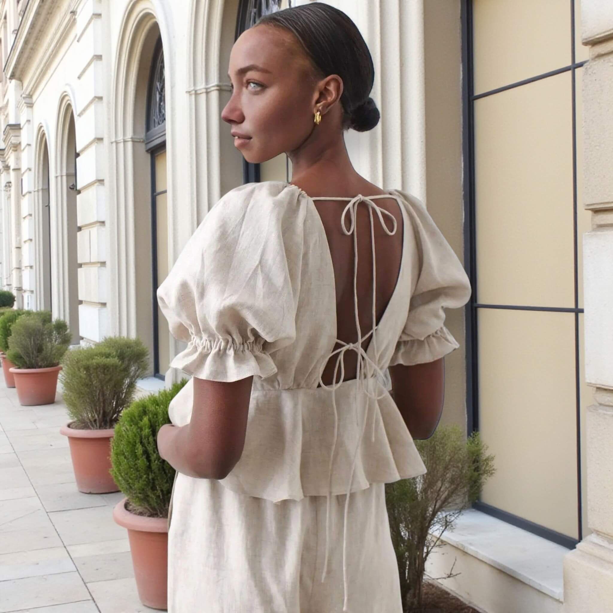 Puff Sleeve Linen Top, V Neck Open Back Peplum Blouse