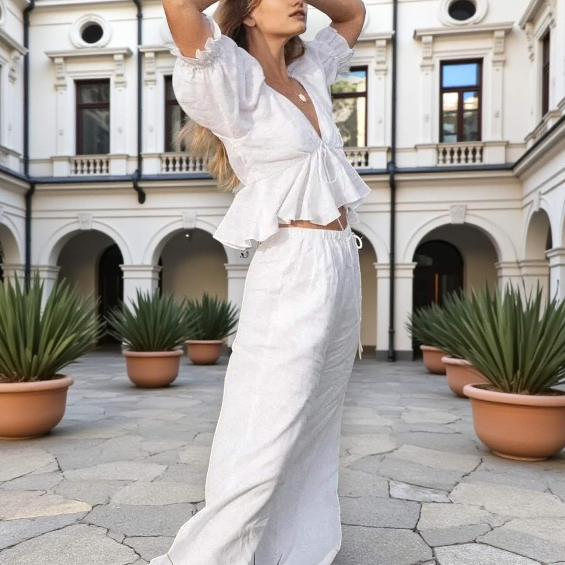 Puff Sleeve Linen Top, V Neck Open Back Peplum Blouse