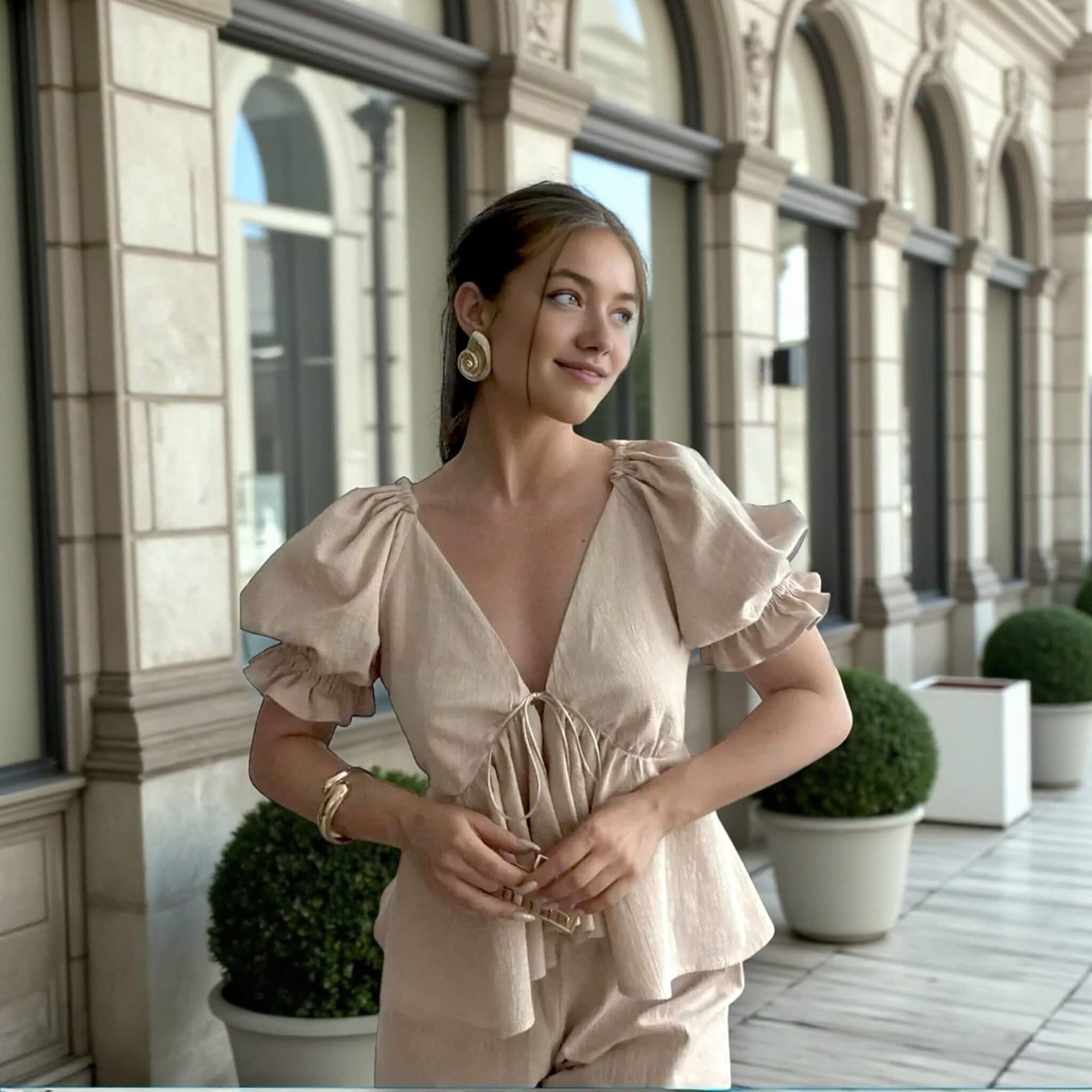 Puff Sleeve Linen Top, V Neck Open Back Peplum Blouse