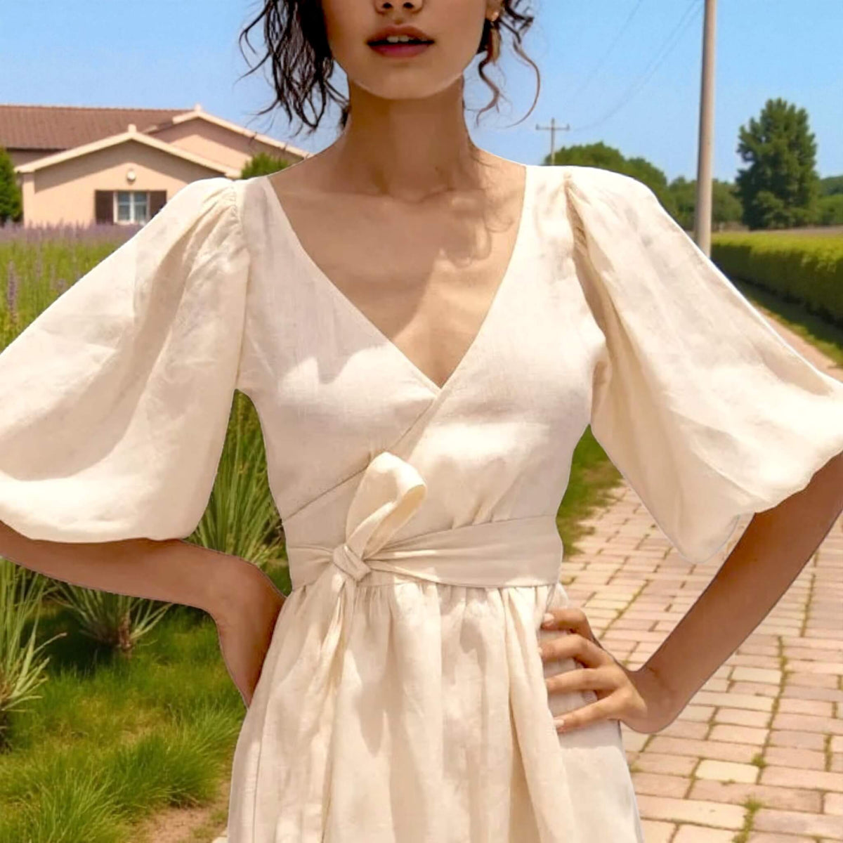 Puff Sleeve Wrap Midi Dress, V Neck Linen Midi Dress