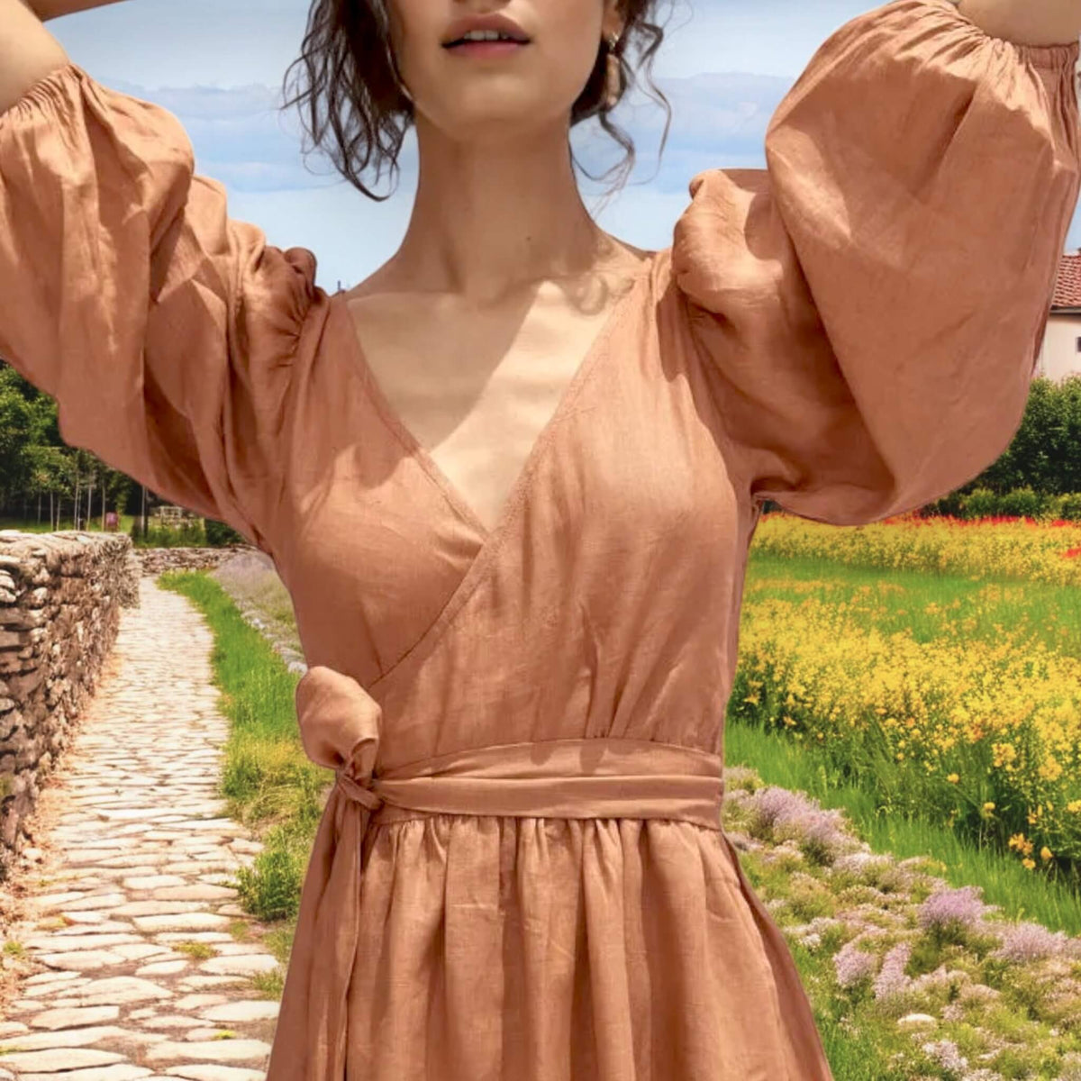 Puff Sleeve Wrap Midi Dress, V Neck Linen Midi Dress