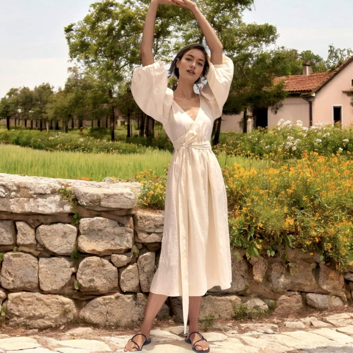 Puff Sleeve Wrap Midi Dress, V Neck Linen Midi Dress