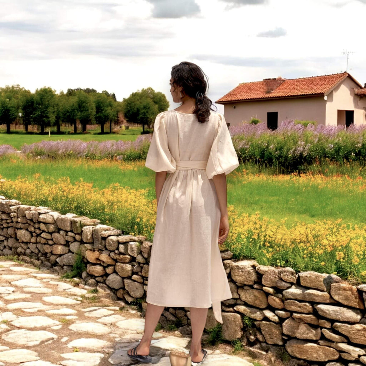 Puff Sleeve Wrap Midi Dress, V Neck Linen Midi Dress
