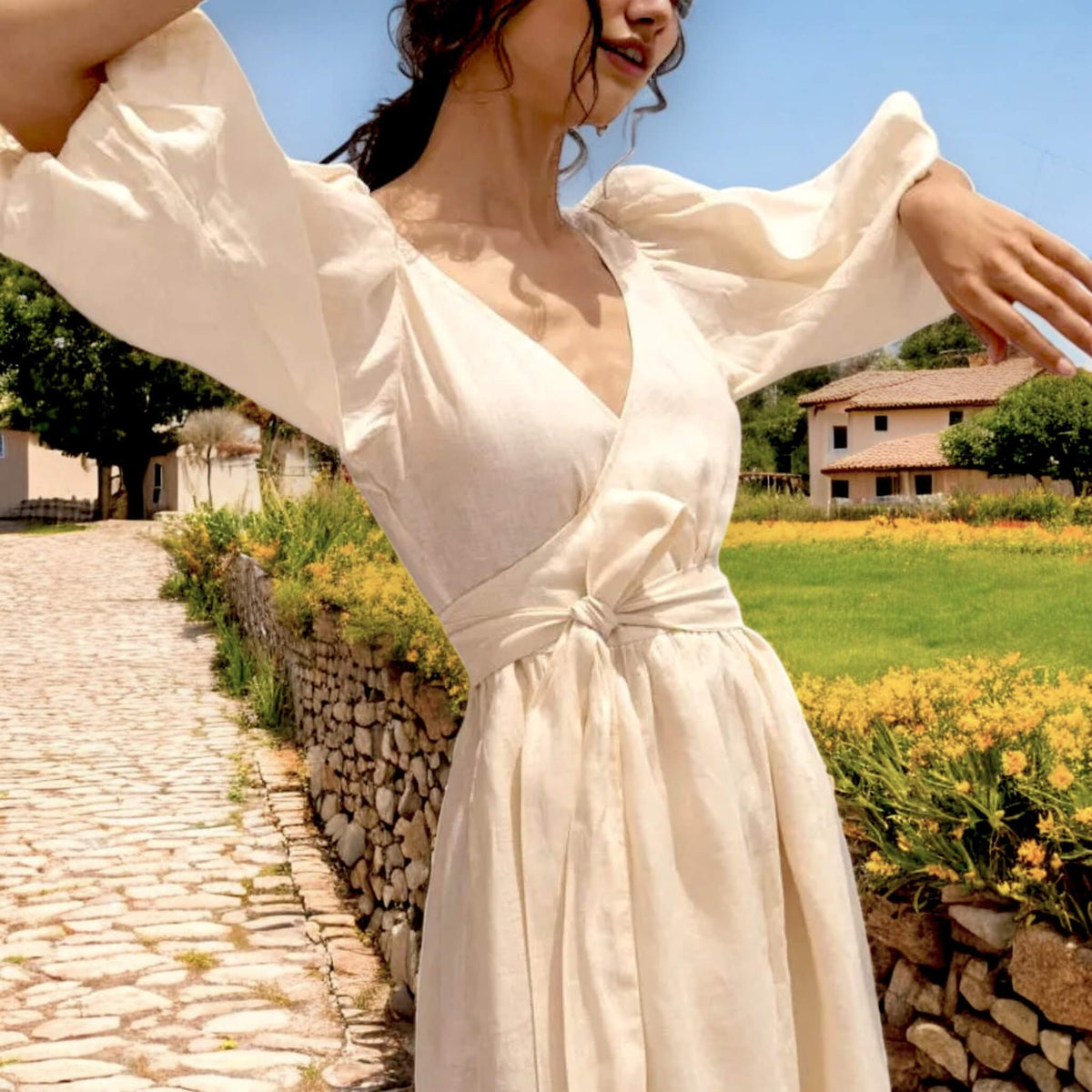 Puff Sleeve Wrap Midi Dress, V Neck Linen Midi Dress