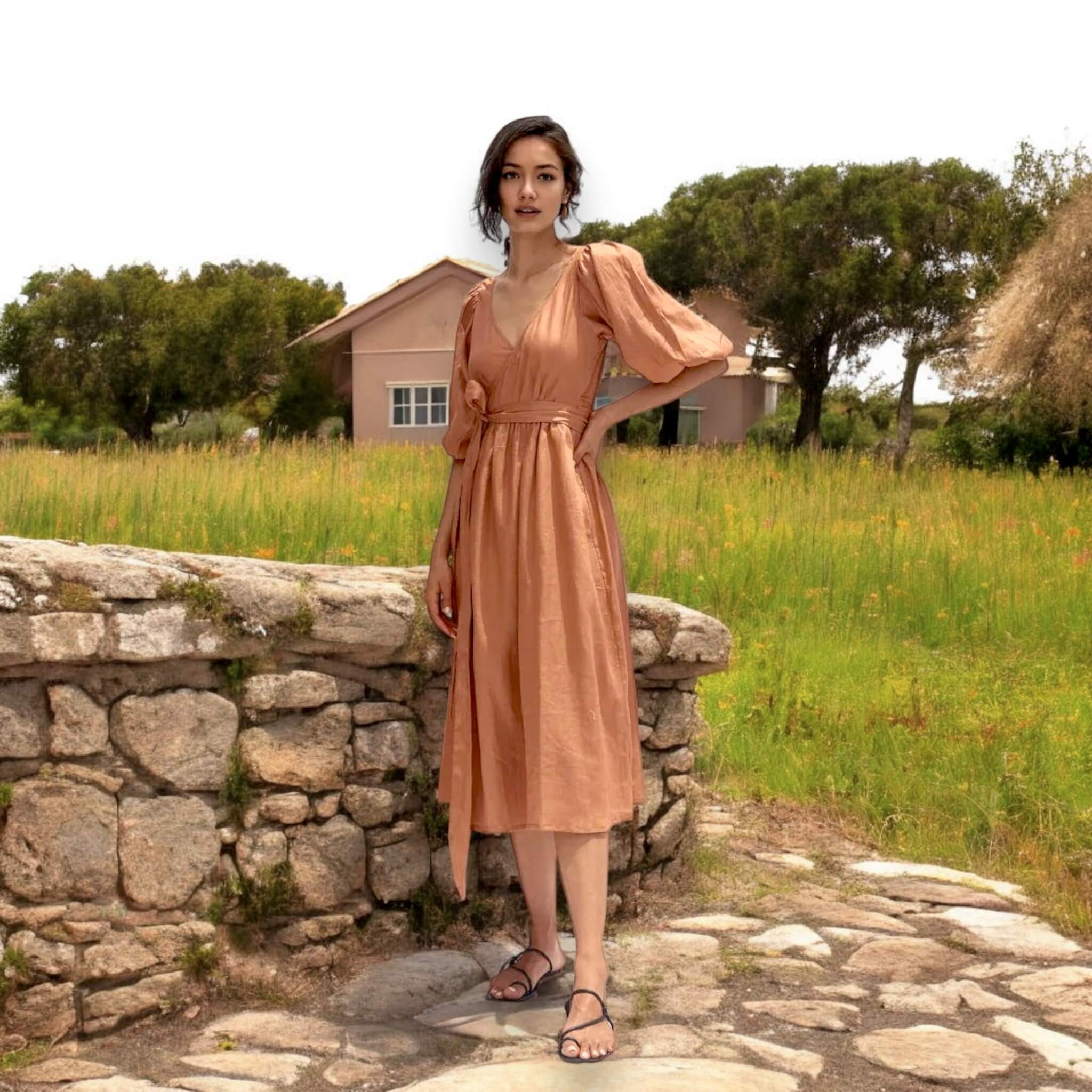 Puff Sleeve Wrap Midi Dress, V Neck Linen Midi Dress