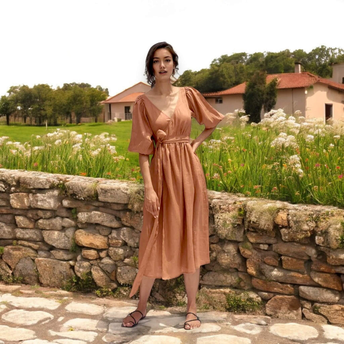 Puff Sleeve Wrap Midi Dress, V Neck Linen Midi Dress