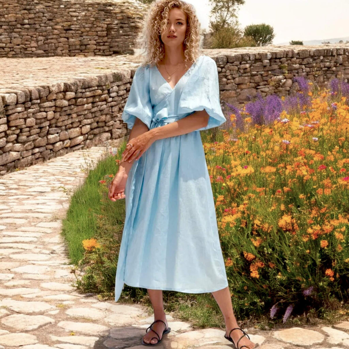 Puff Sleeve Wrap Midi Dress, V Neck Linen Midi Dress