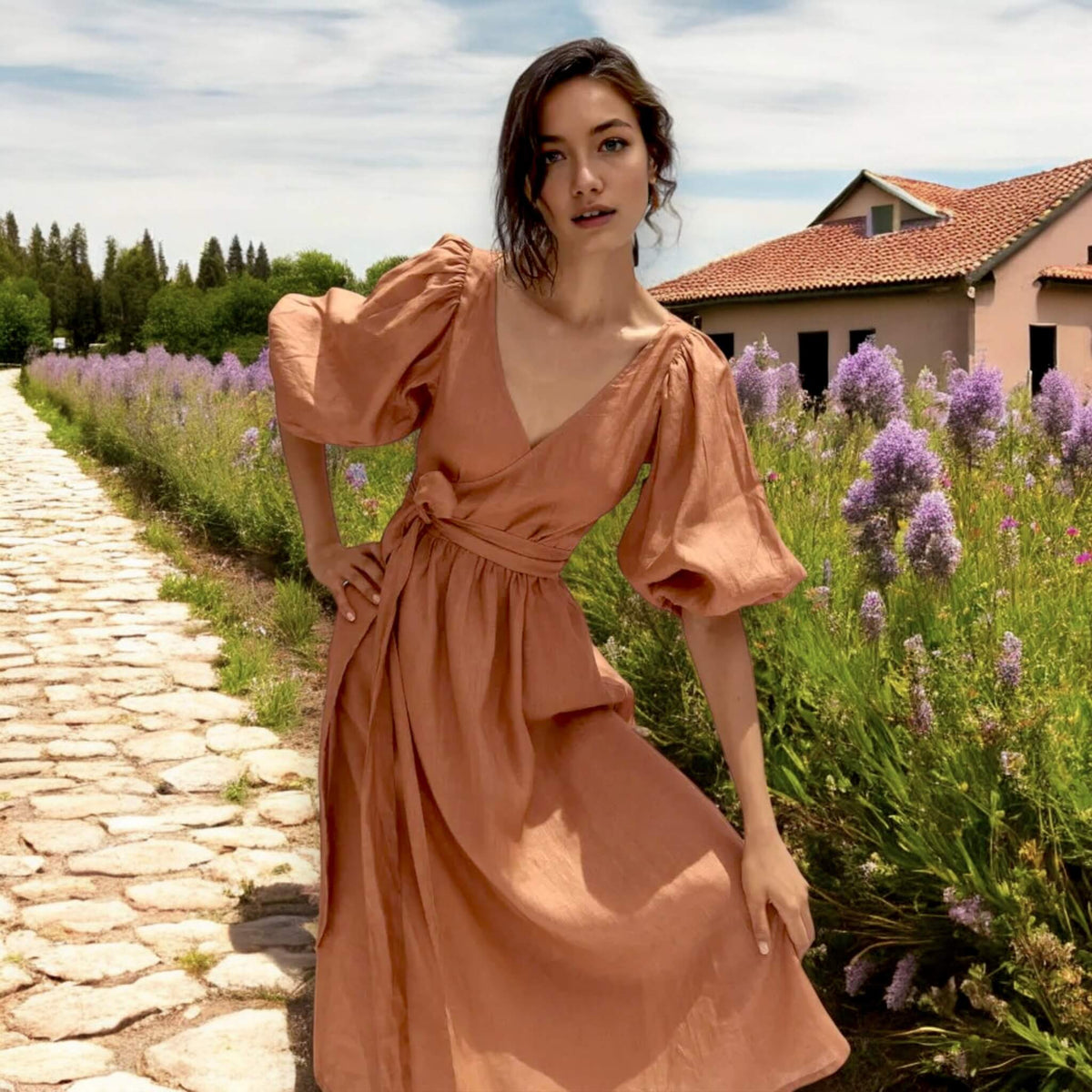 Puff Sleeve Wrap Midi Dress, V Neck Linen Midi Dress