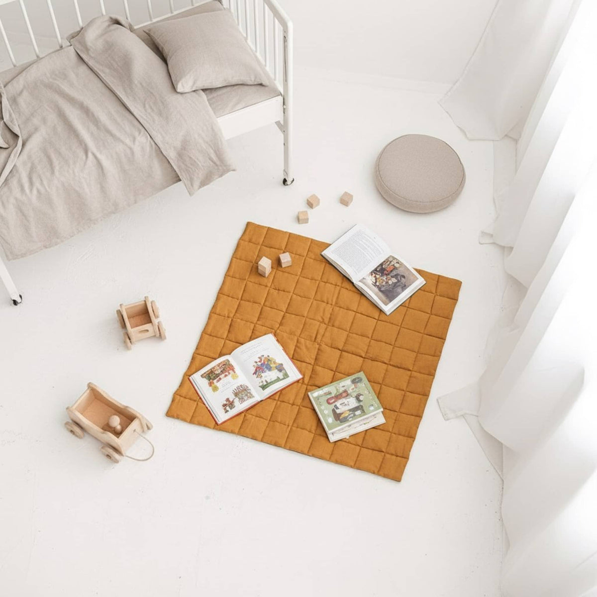 Quilted Baby Play Mat, Square Linen Kids Play Mat