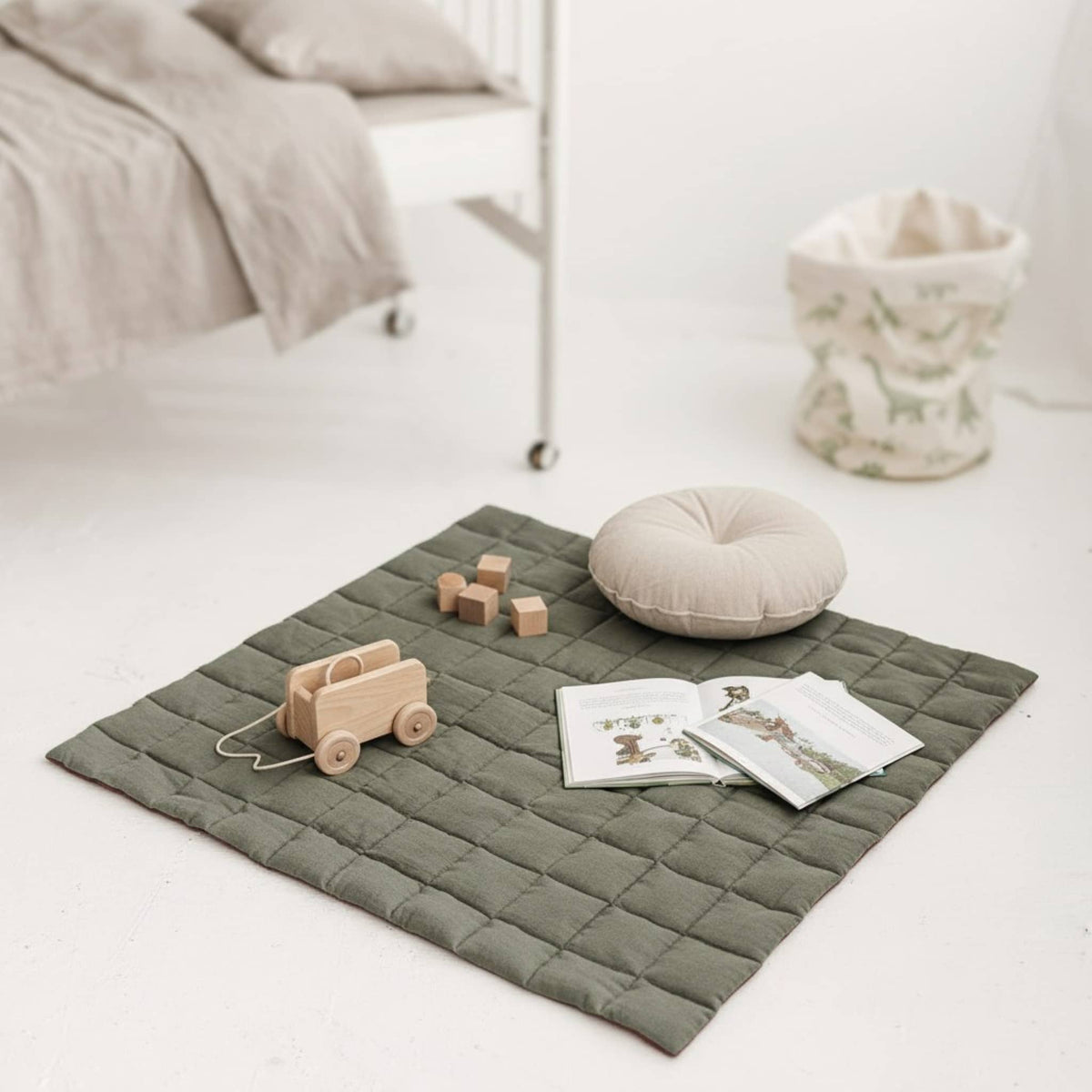 Quilted Baby Play Mat, Square Linen Kids Play Mat