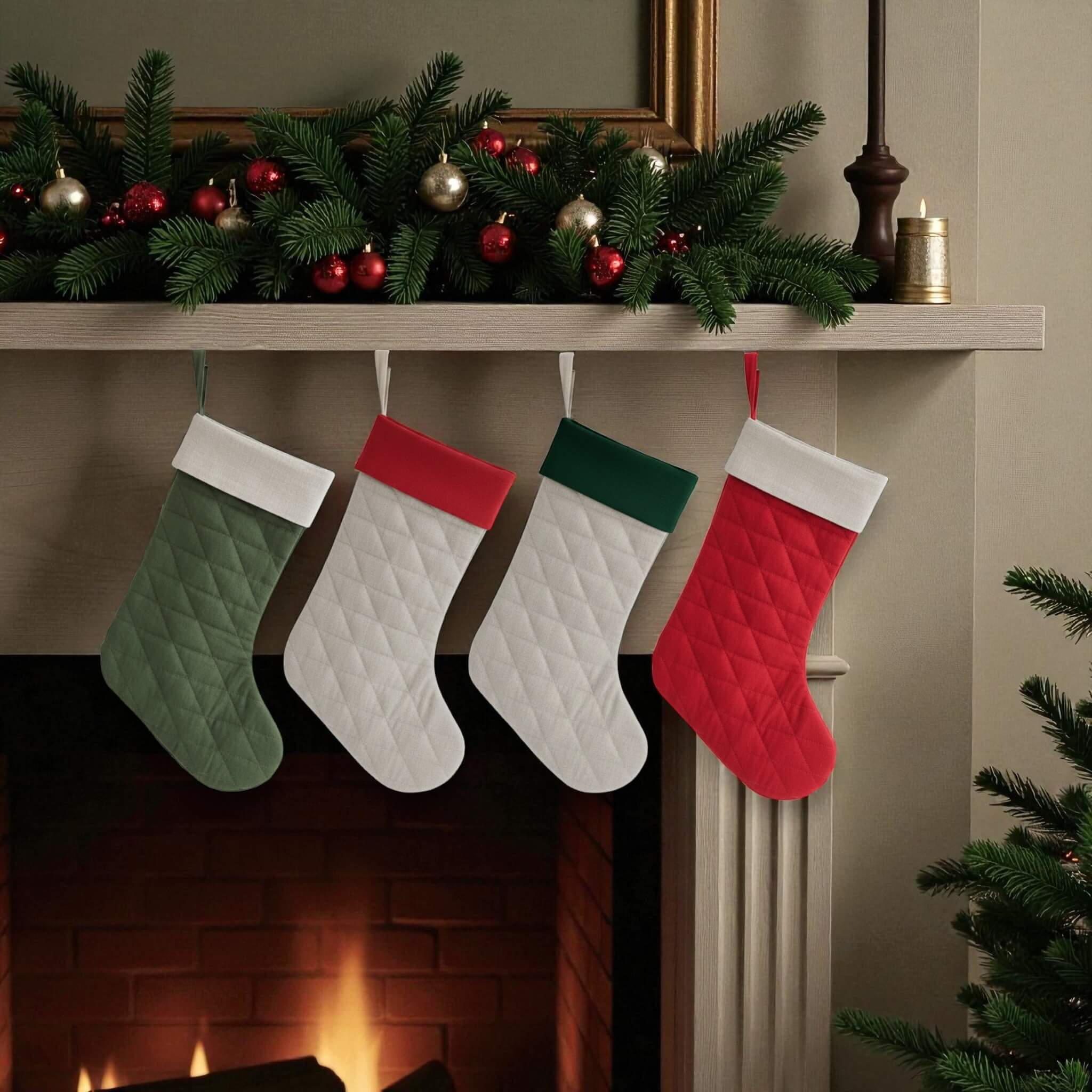 Quilted Christmas Stockings, Linen Holiday Stocking