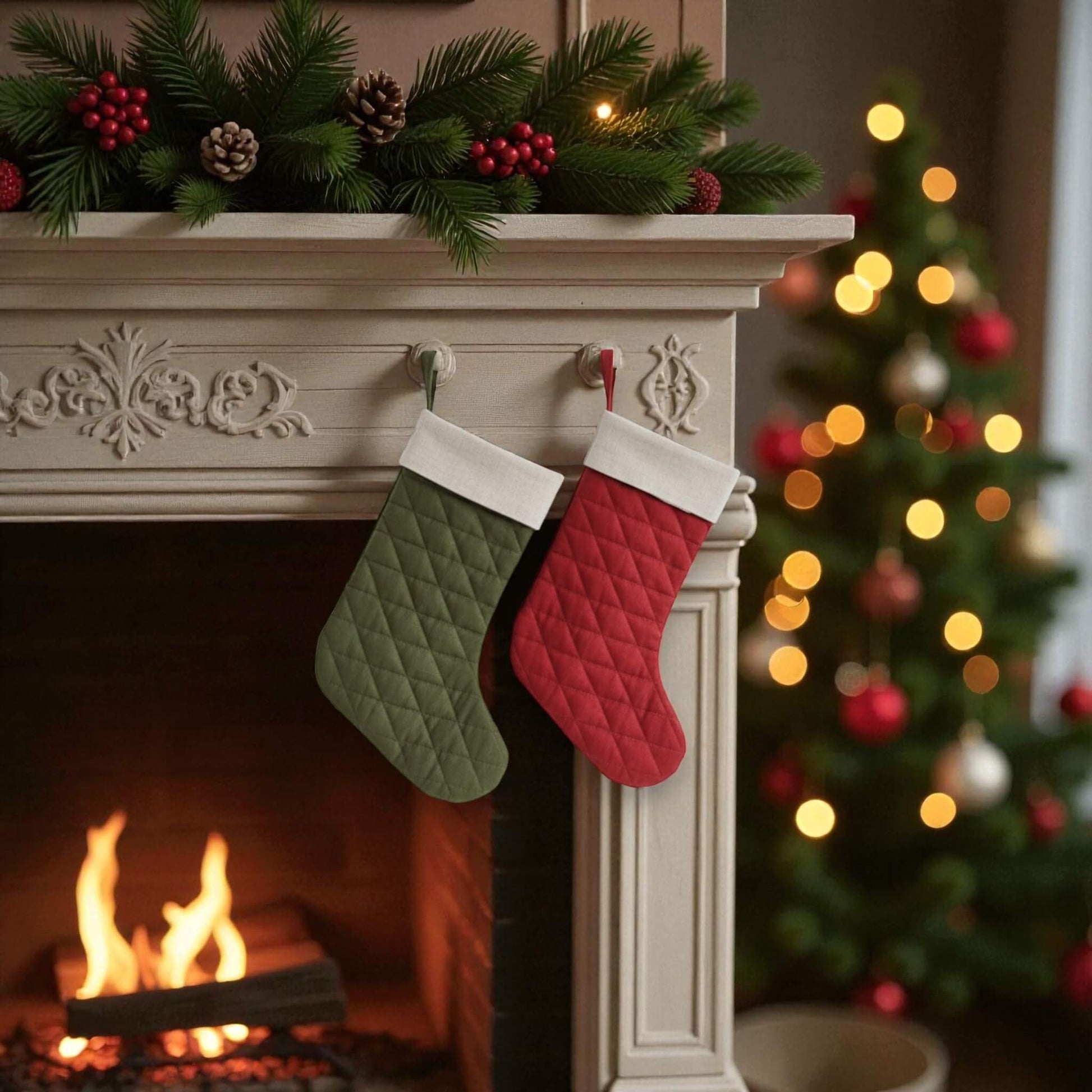 Quilted Christmas Stockings, Linen Holiday Stocking