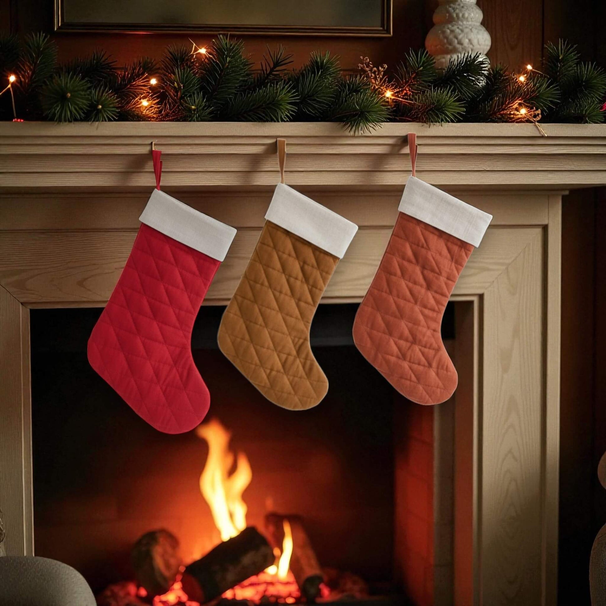 Quilted Christmas Stockings, Linen Holiday Stocking
