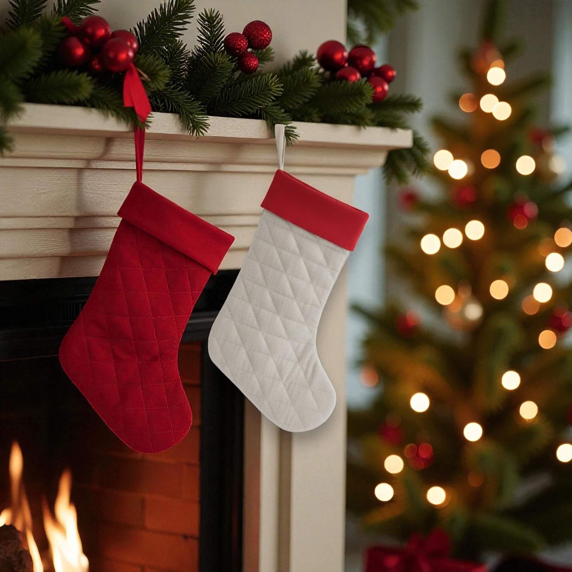 Quilted Christmas Stockings, Linen Holiday Stocking