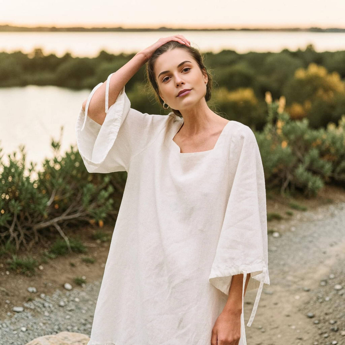 Relaxed Linen Midi Dress, Ruffle Hem 3/4 Sleeve