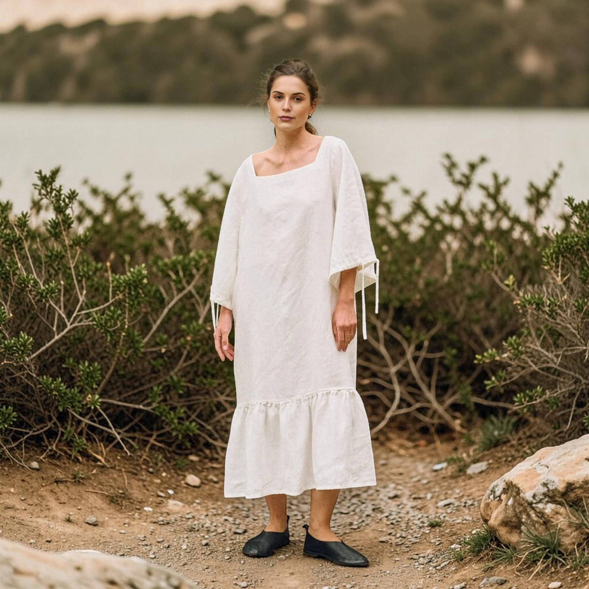 Relaxed Linen Midi Dress, Ruffle Hem 3/4 Sleeve
