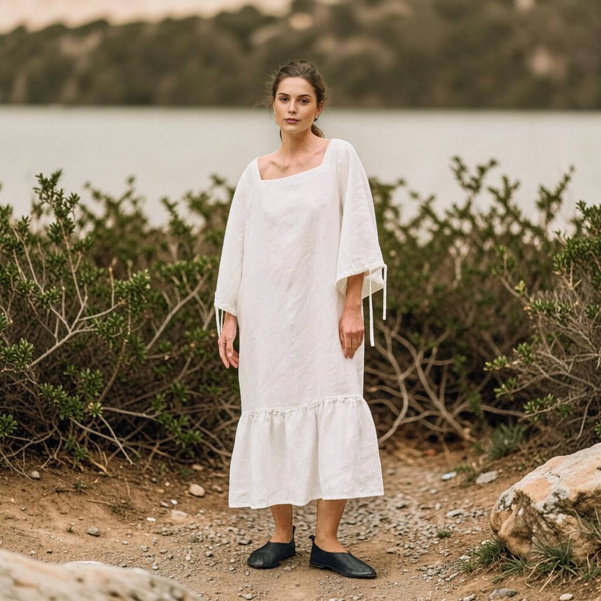 Relaxed Linen Midi Dress, Ruffle Hem 3/4 Sleeve
