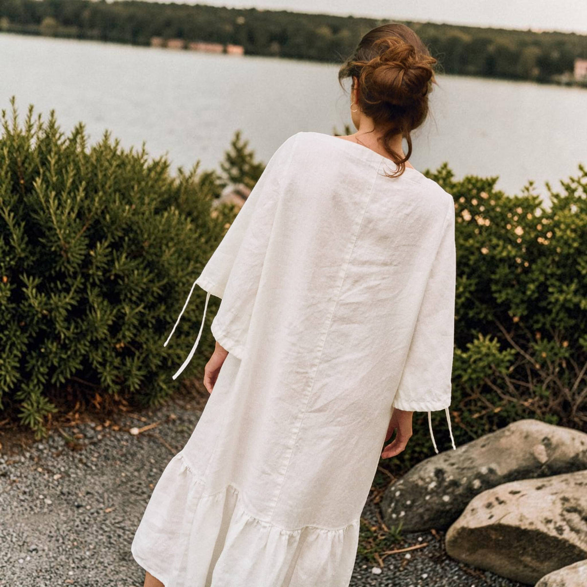 Relaxed Linen Midi Dress, Ruffle Hem 3/4 Sleeve